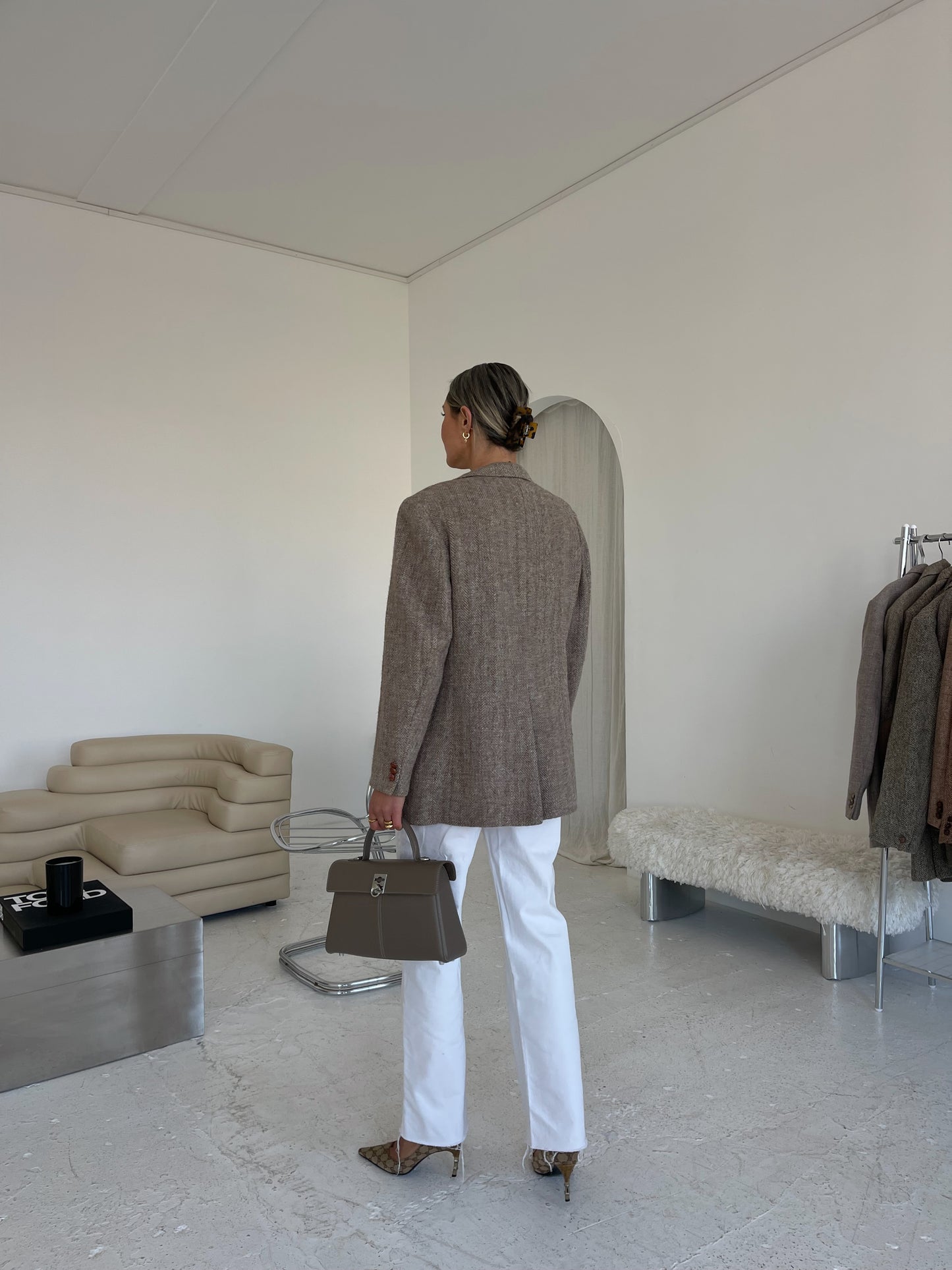 Beige oversized wool tweed blazer