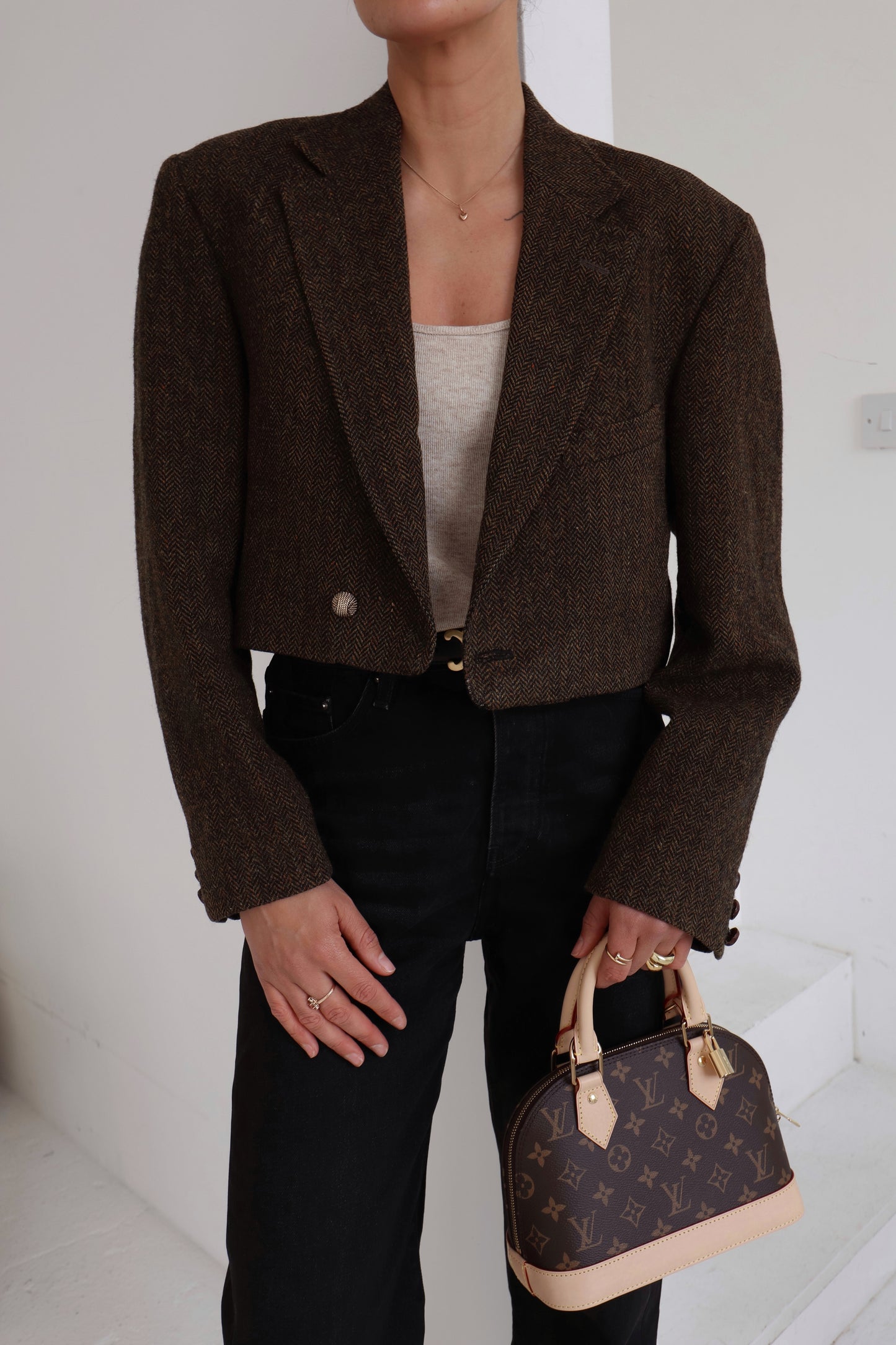 Cropped Brown Herringbone Blazer