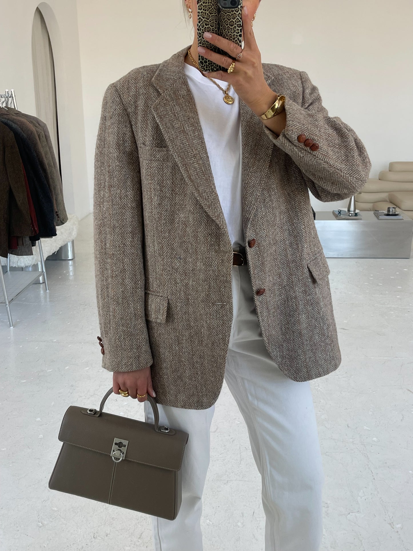 Beige oversized wool tweed blazer