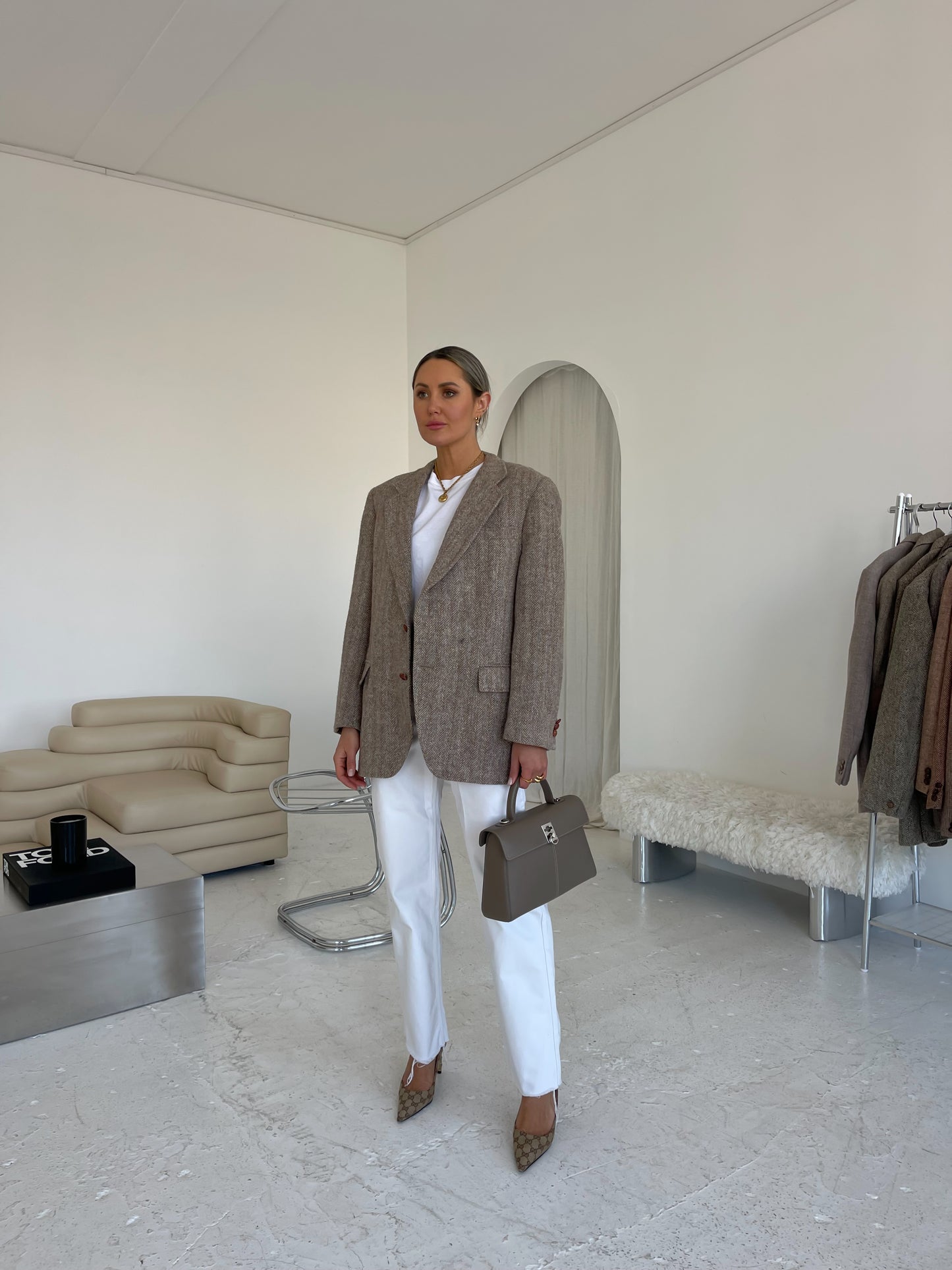 Beige oversized wool tweed blazer
