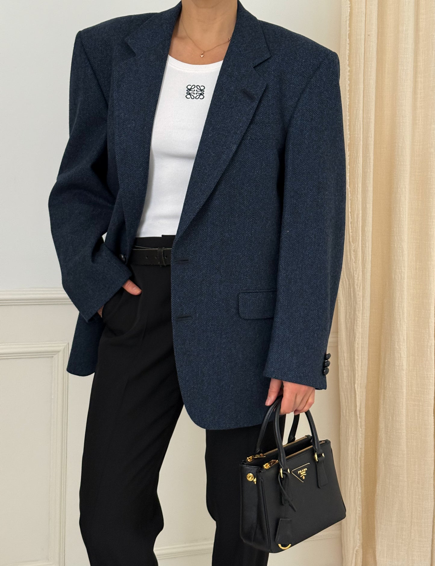 Vintage Wool Herringbone Blue Blazer