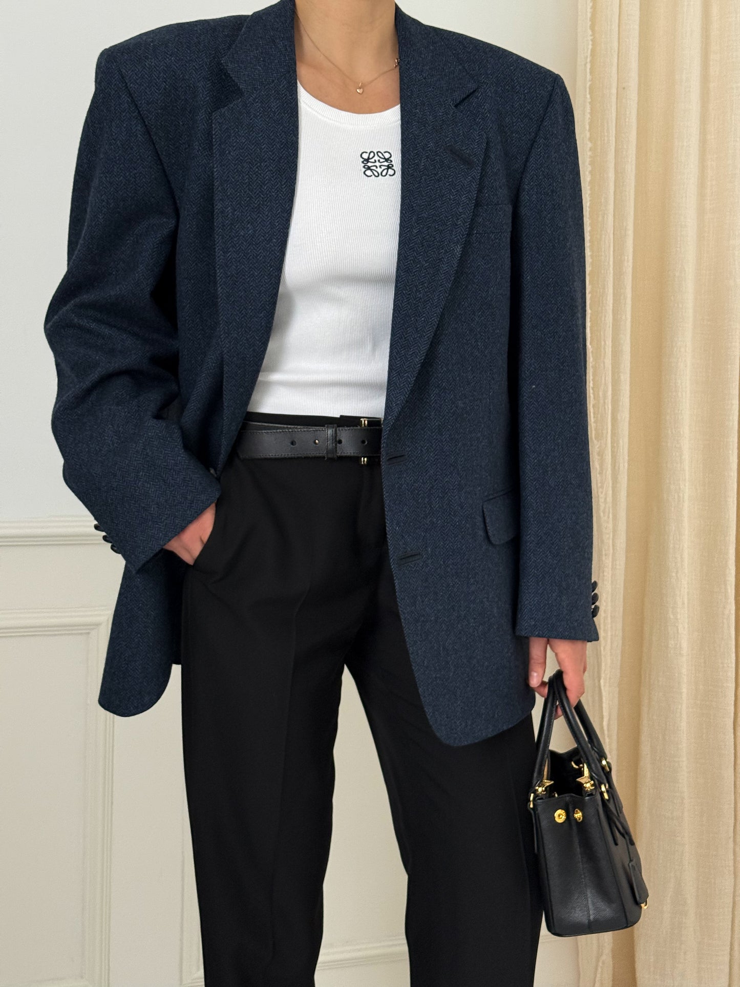 Vintage Wool Herringbone Blue Blazer