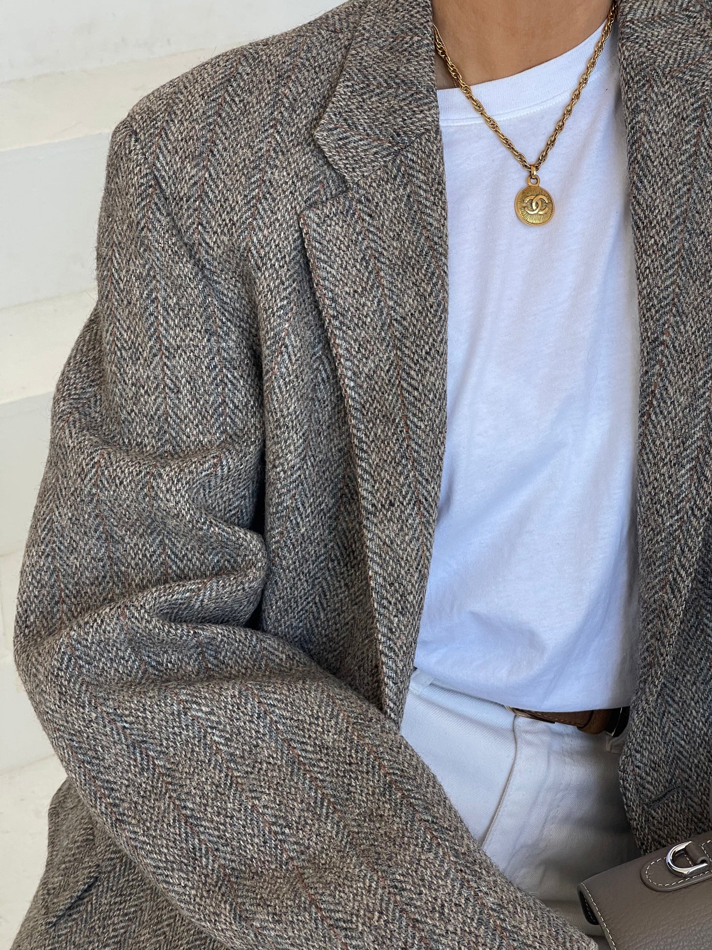 Greige tweed fishbone oversized blazer