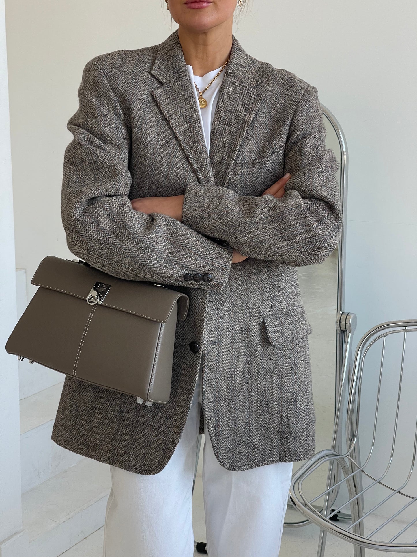 Greige tweed fishbone oversized blazer