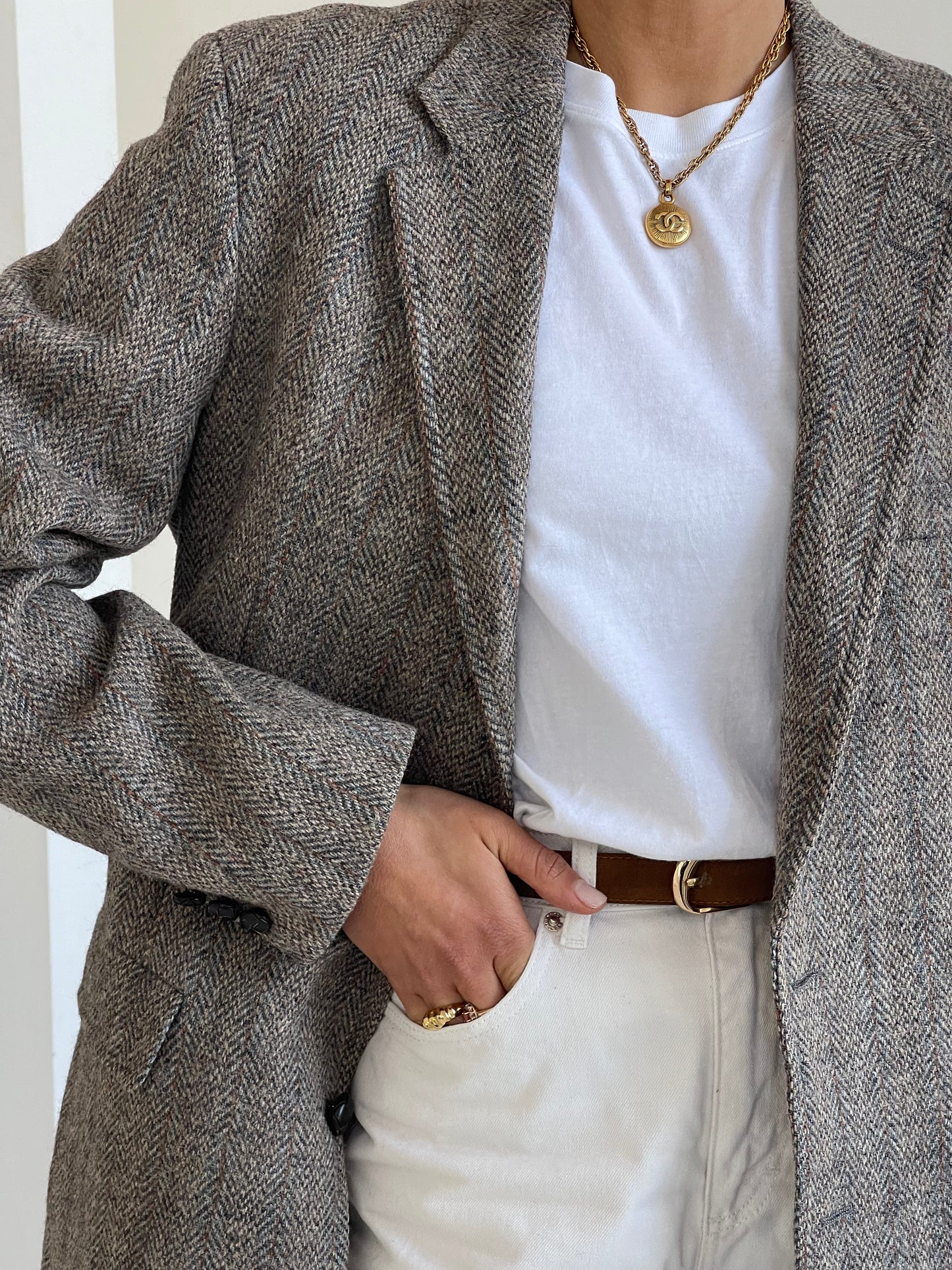 Greige tweed fishbone oversized blazer