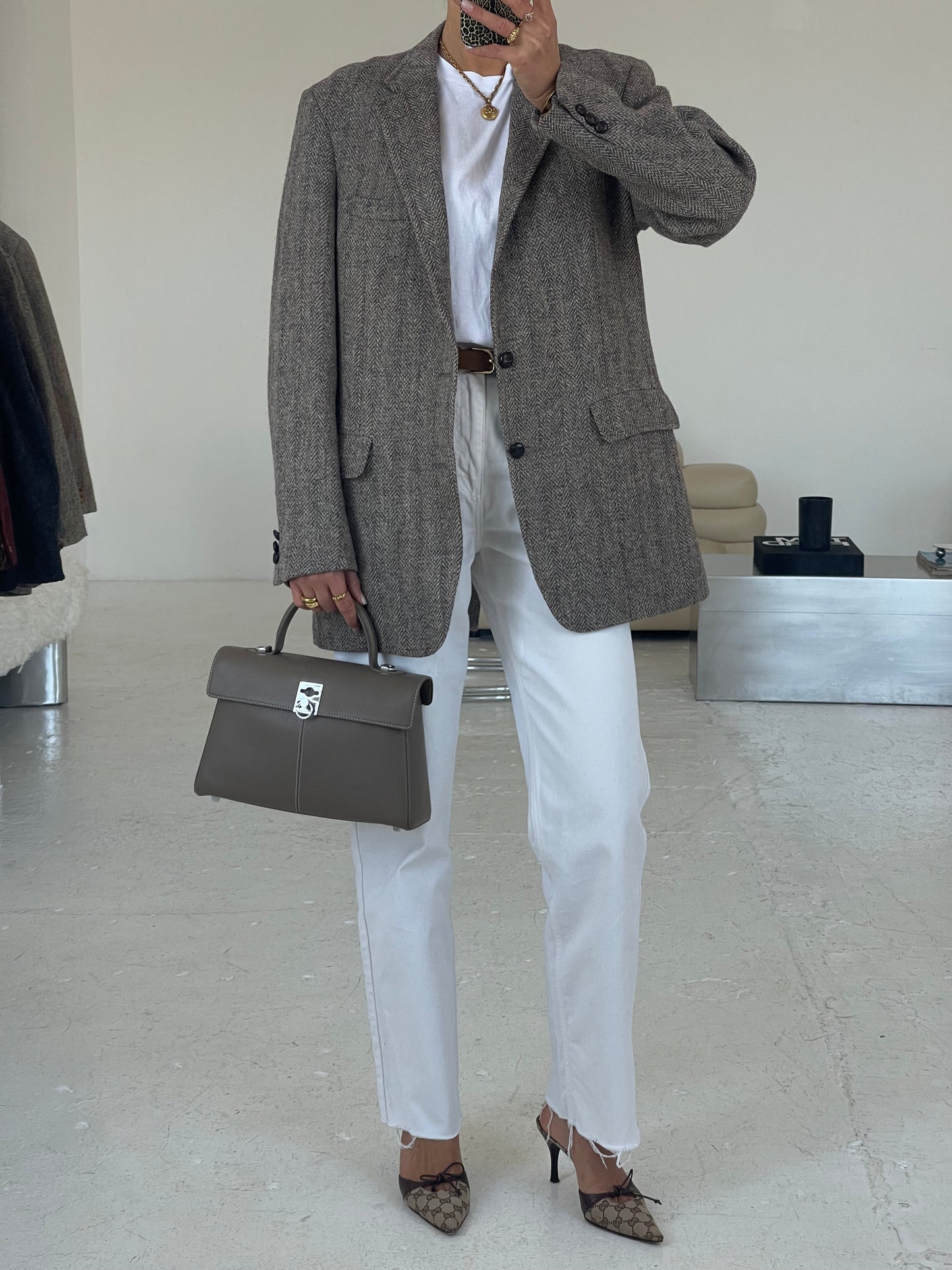 Greige tweed fishbone oversized blazer