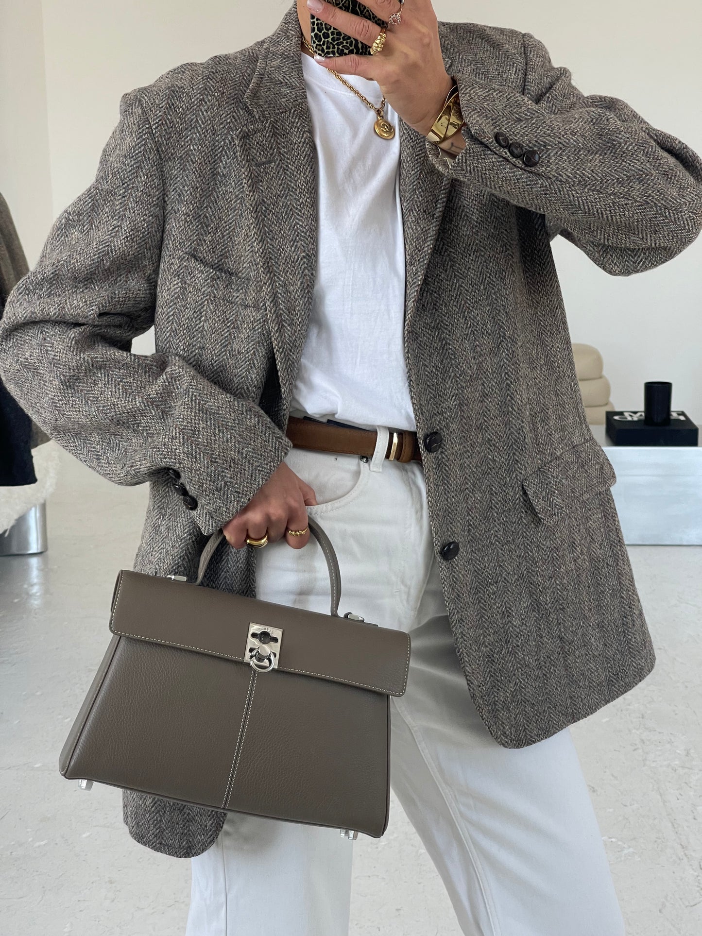 Greige tweed fishbone oversized blazer