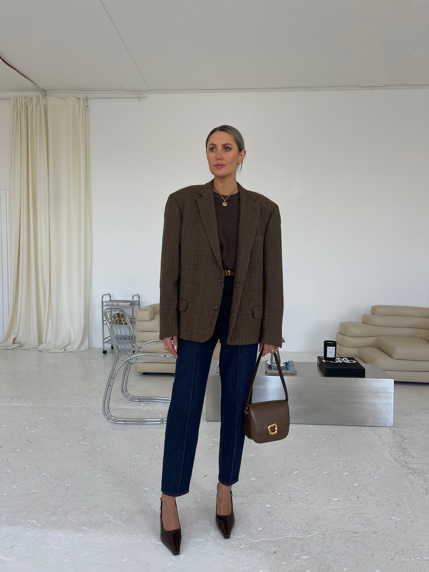 Oversized Wool Brown Checked Blazer