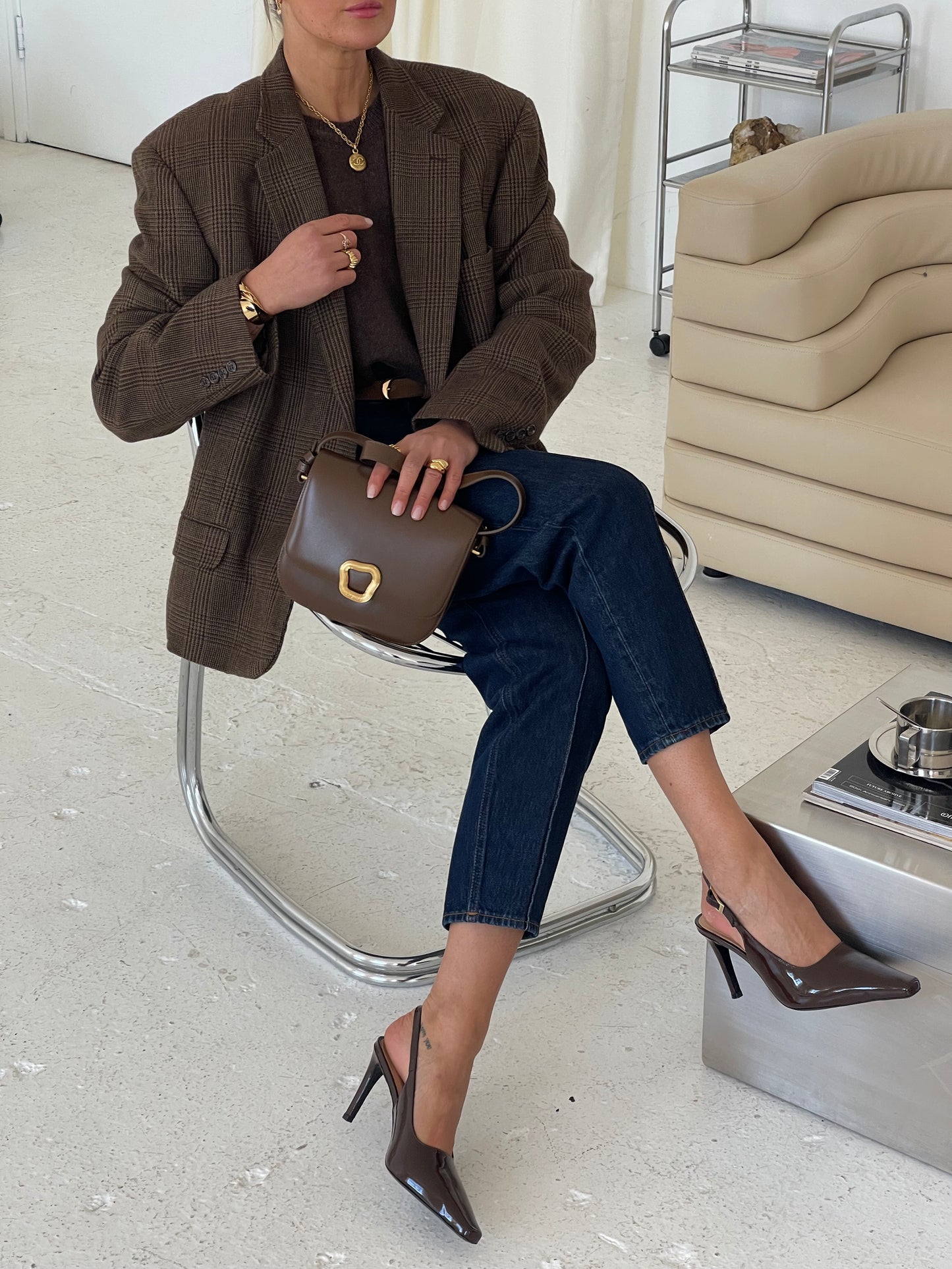 Oversized Wool Brown Checked Blazer