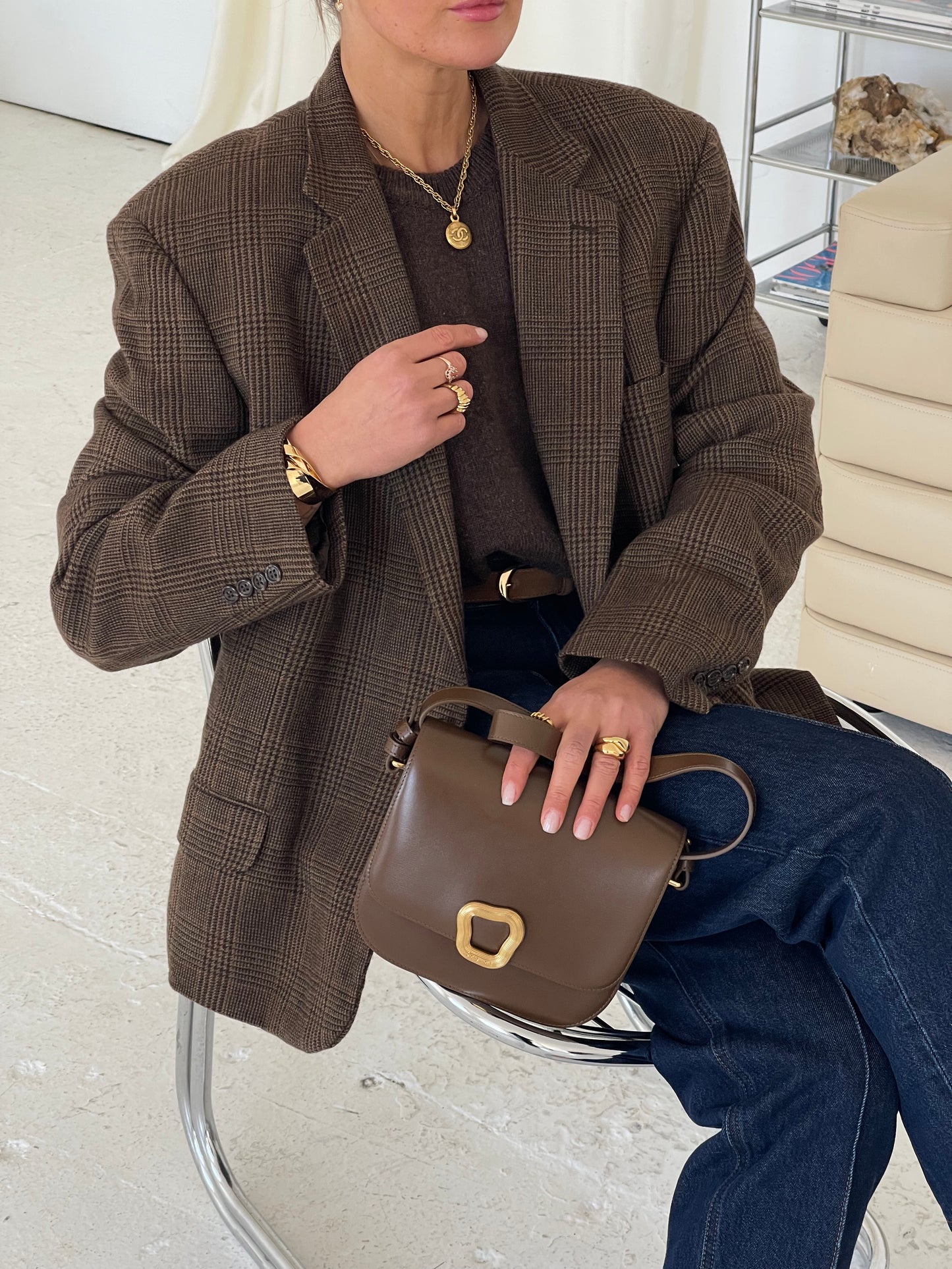 Oversized Wool Brown Checked Blazer