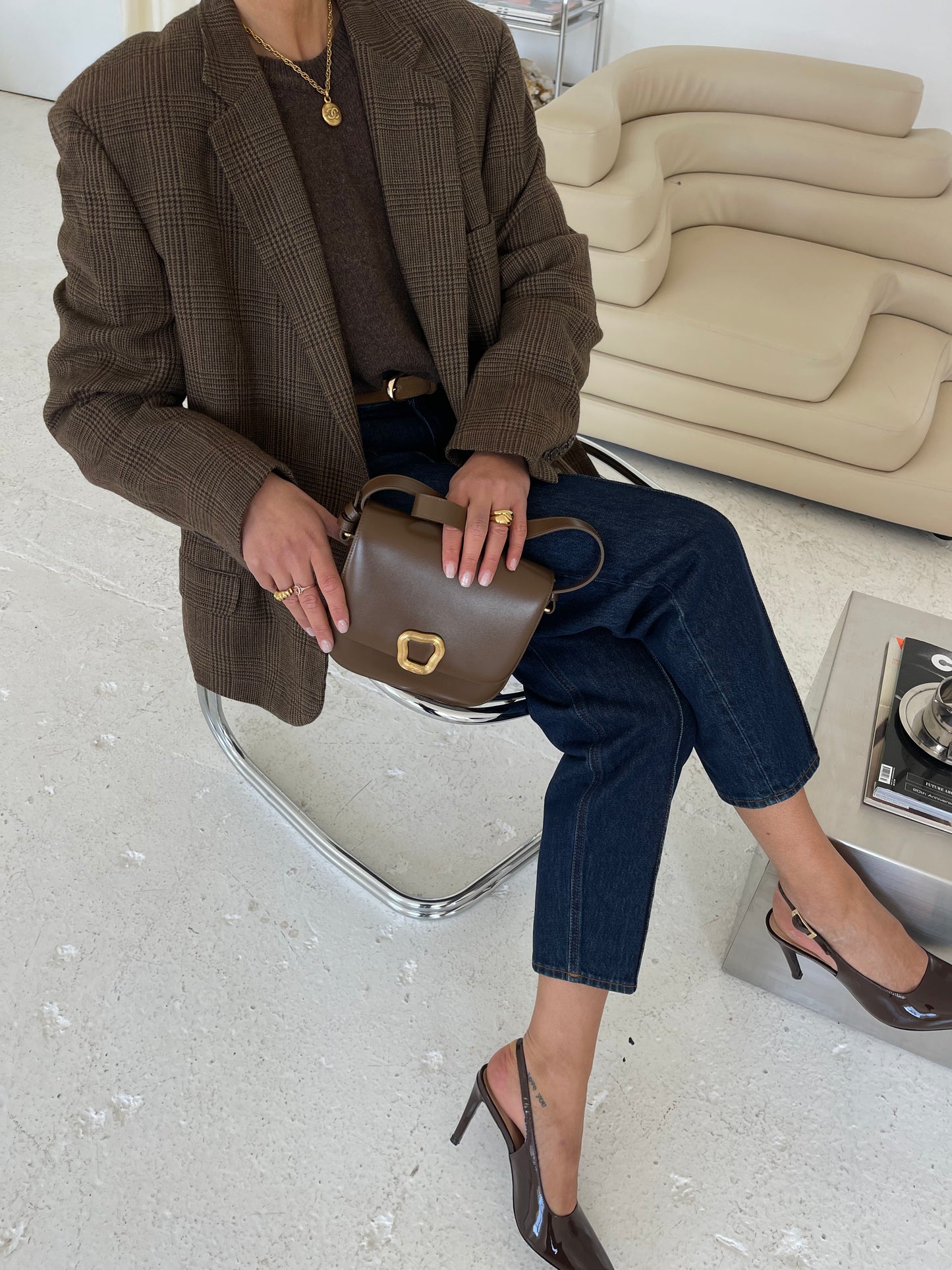 Oversized Wool Brown Checked Blazer