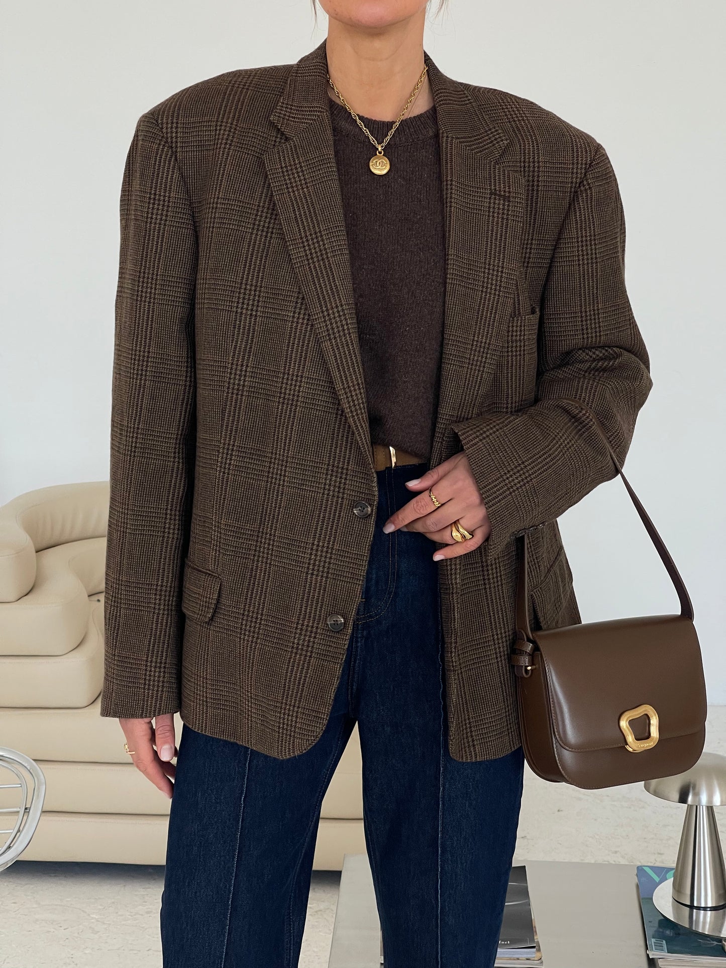 Oversized Wool Brown Checked Blazer