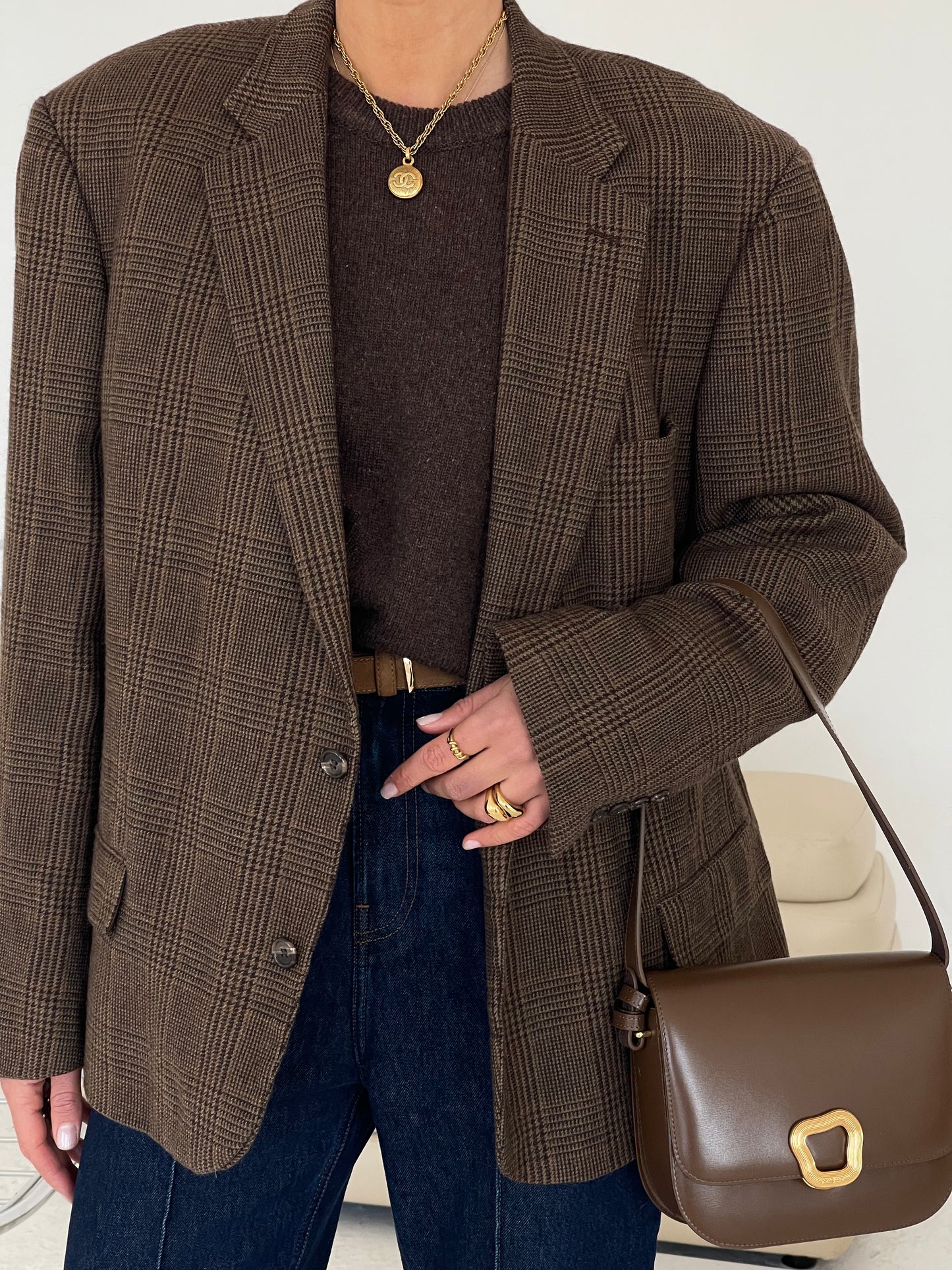 Oversized Wool Brown Checked Blazer