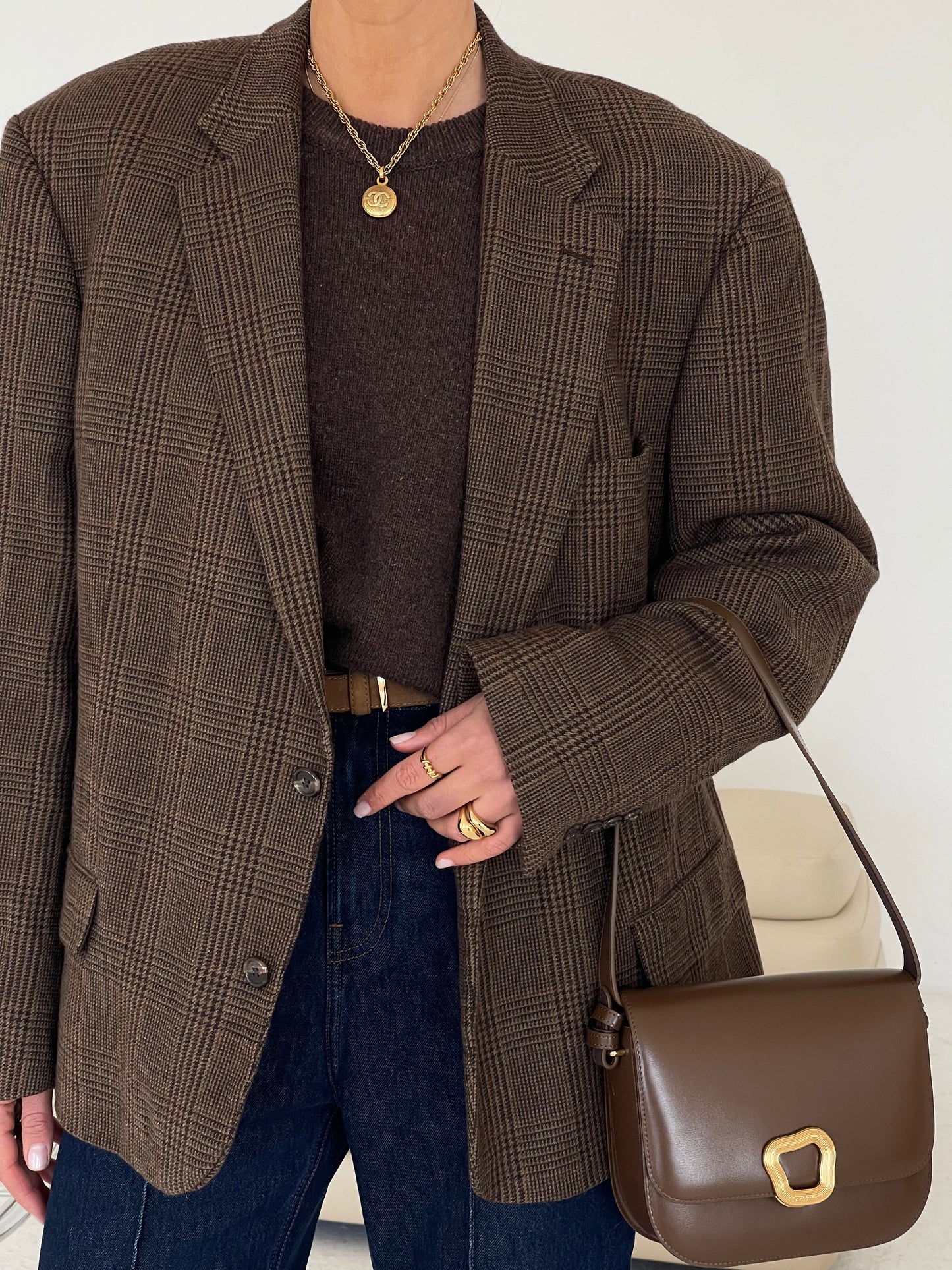 Oversized Wool Brown Checked Blazer