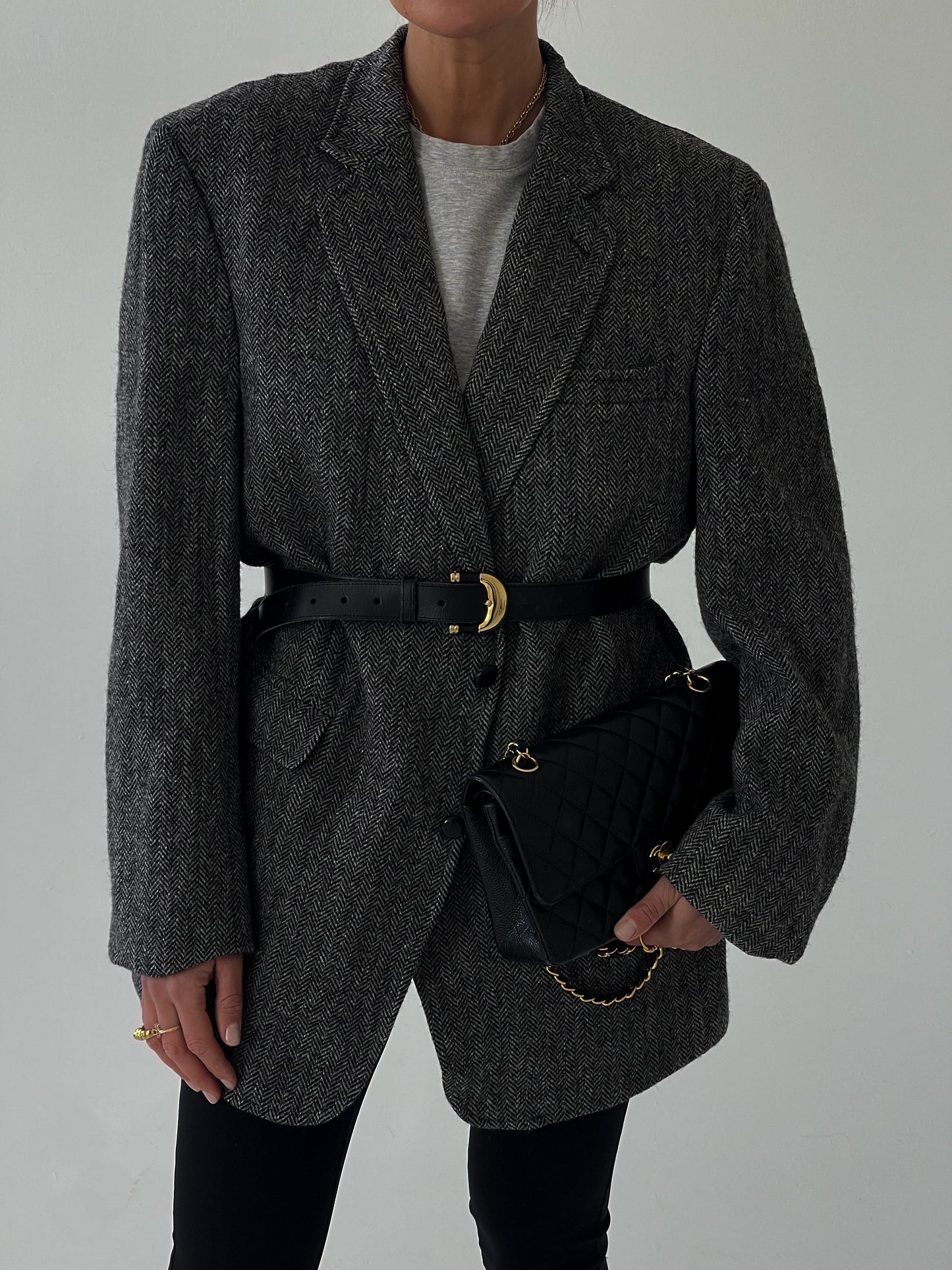 Grey tweed wool oversized long blazer
