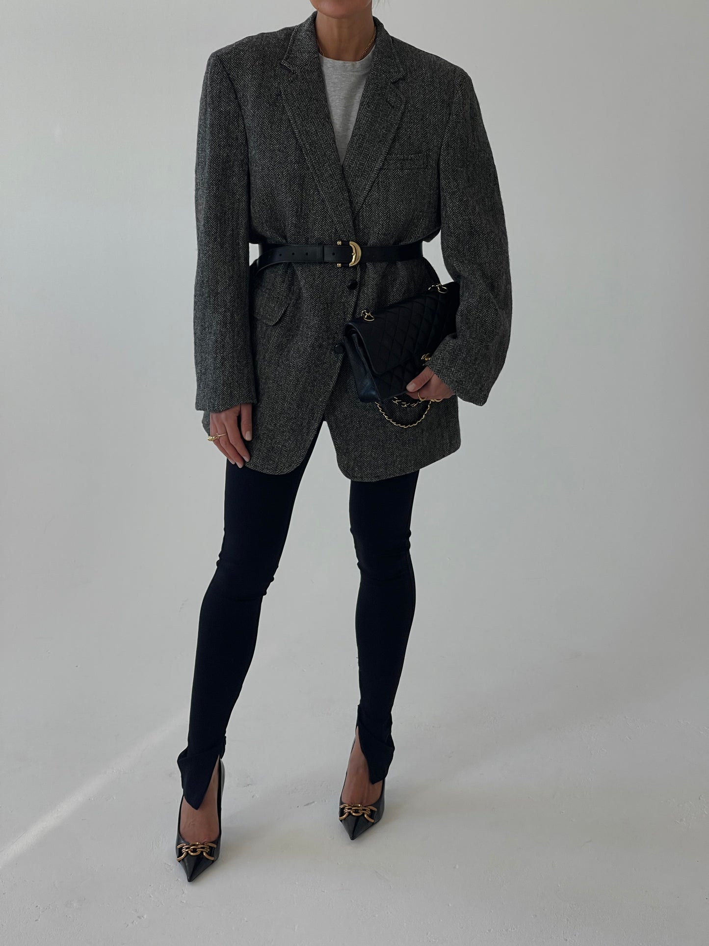Grey tweed wool oversized long blazer