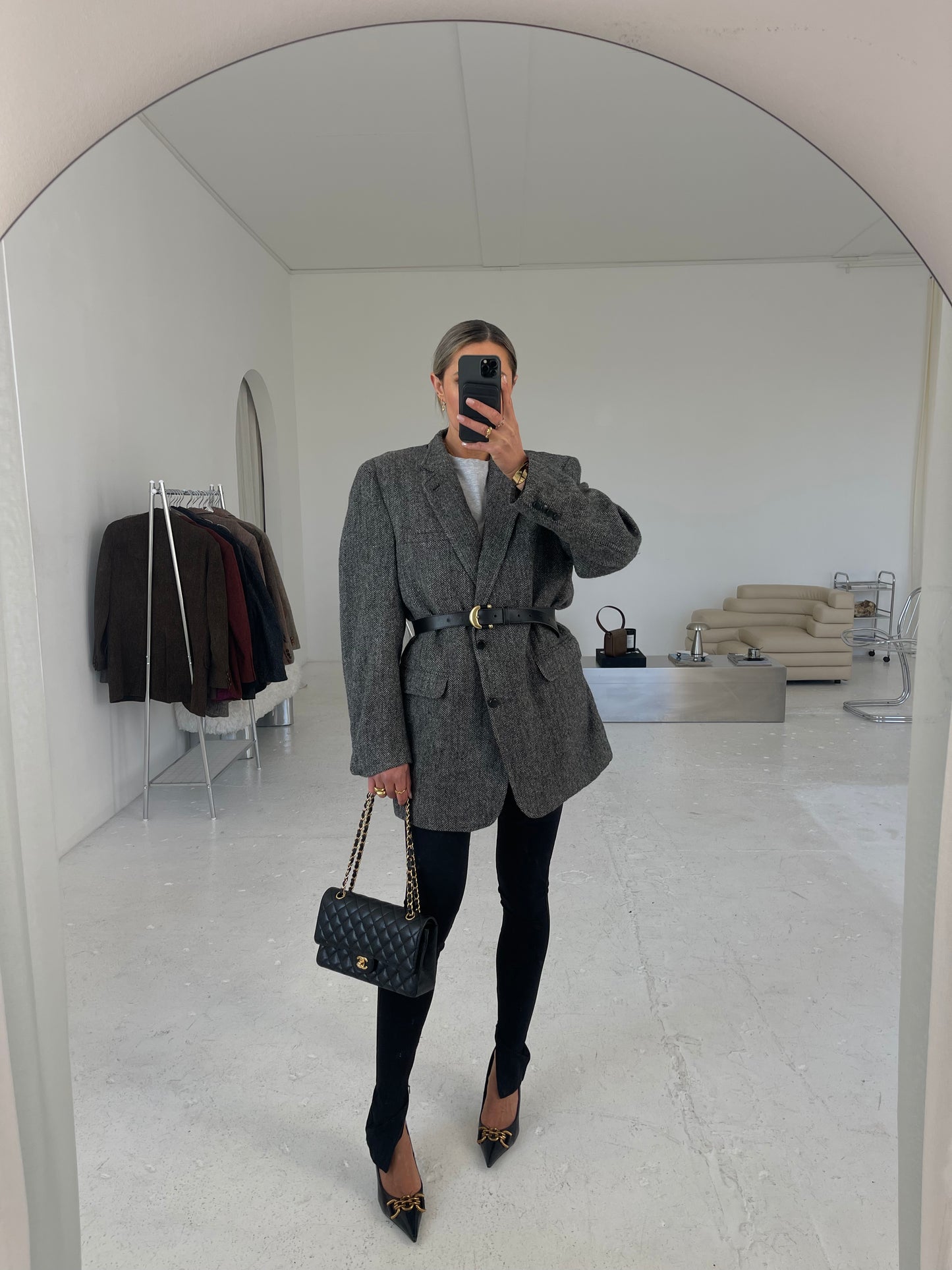 Grey tweed wool oversized long blazer