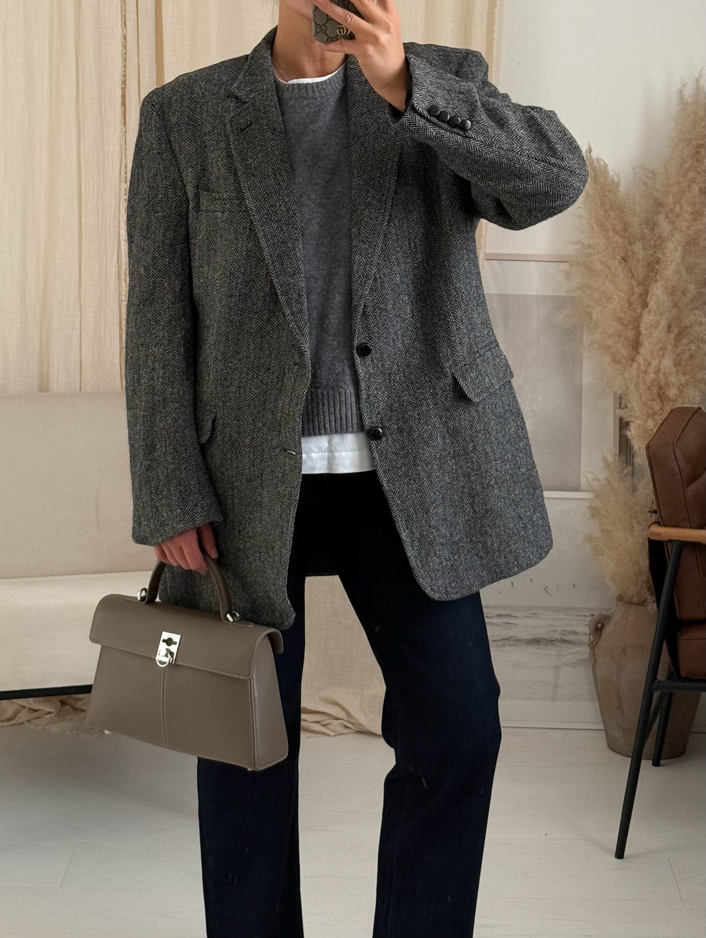 Vintage Grey Oversized Herringbone Long Wool Blazer