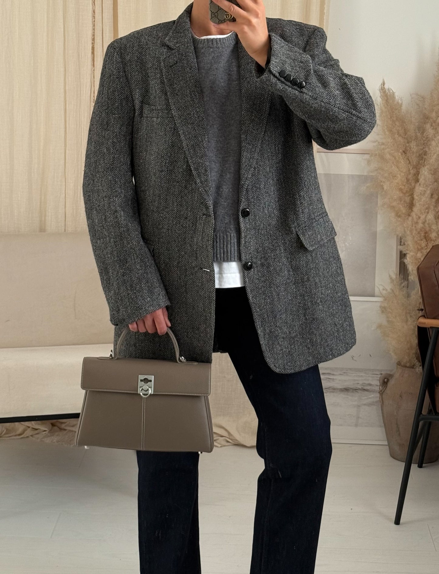 Vintage Grey Oversized Herringbone Long Wool Blazer