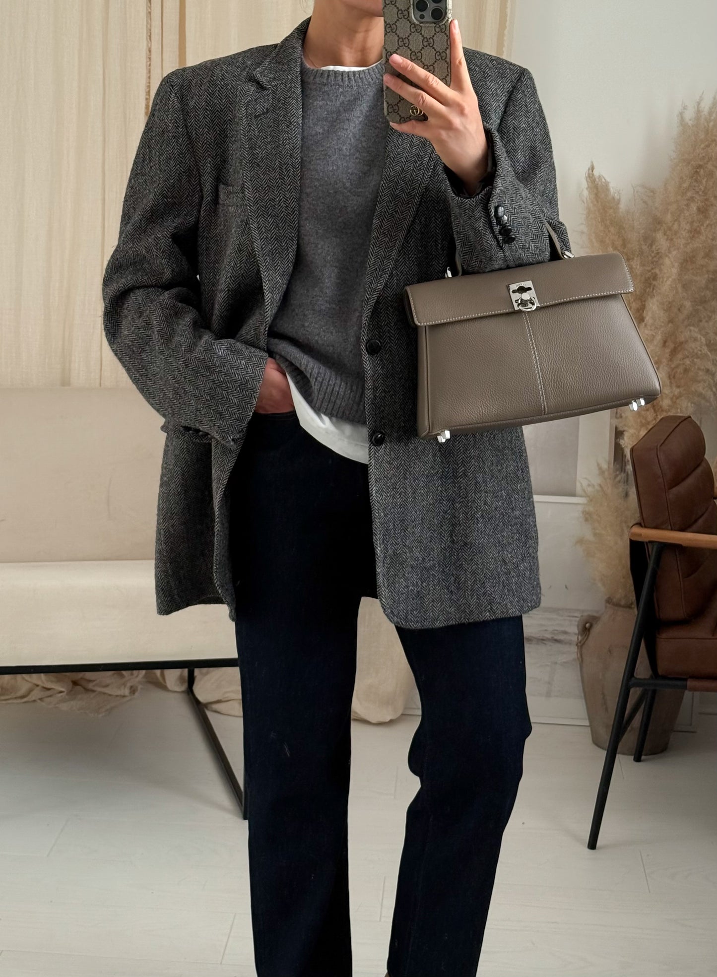Vintage Grey Oversized Herringbone Long Wool Blazer