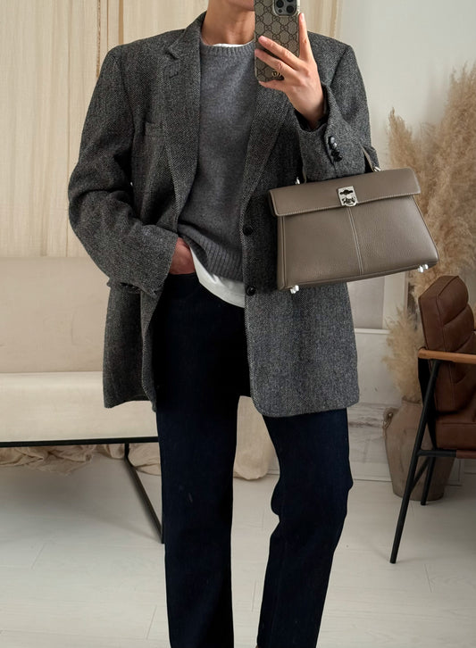 Vintage Grey Oversized Herringbone Long Wool Blazer