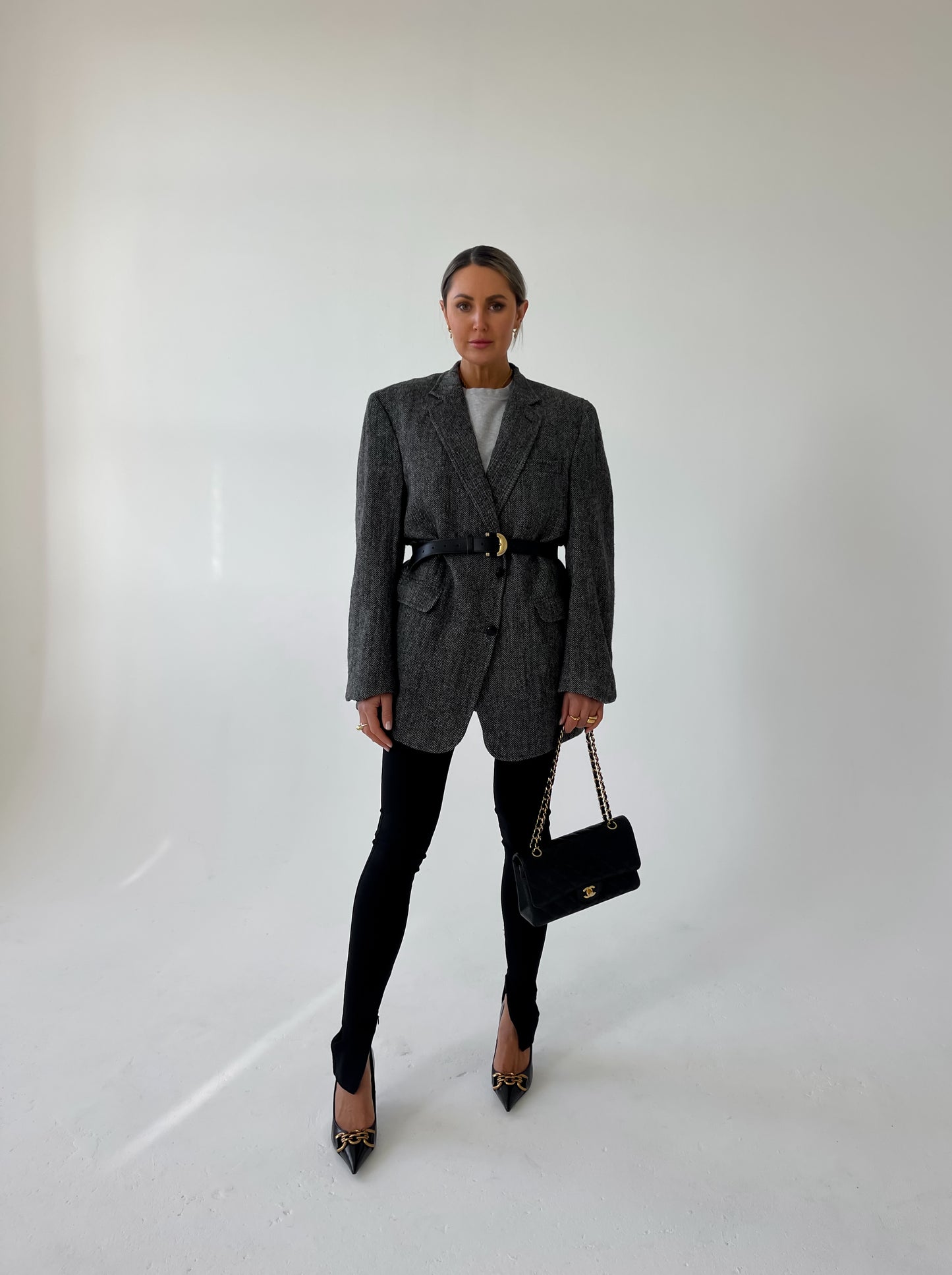 Grey tweed wool oversized long blazer