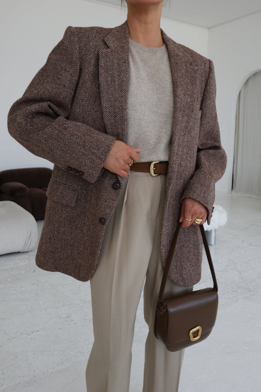 Vintage Oversized Herringbone Beige Blazer