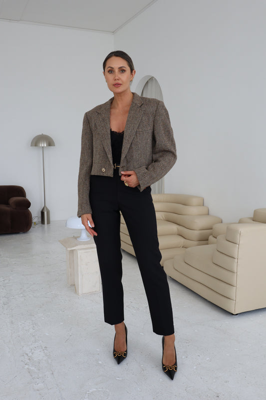 Vintage Brown Houndstooth Cropped Blazer