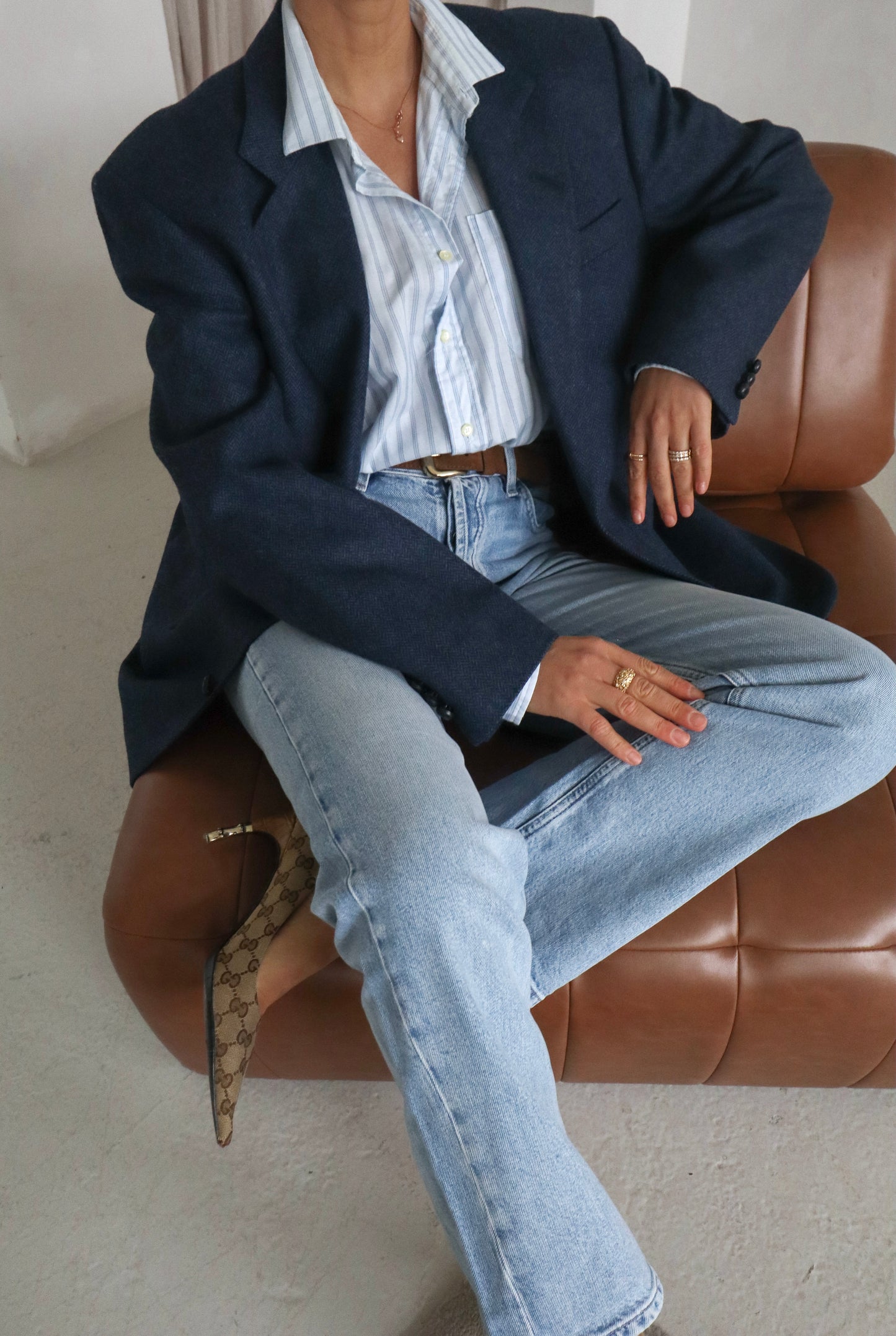 Vintage Wool Herringbone Blue Blazer