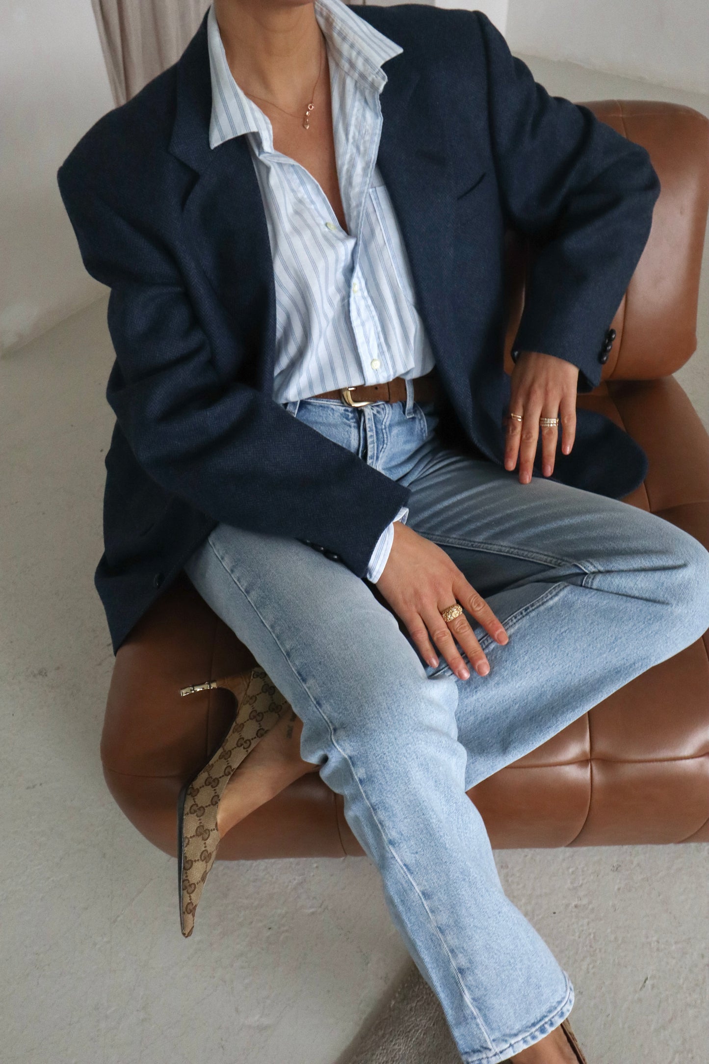 Vintage Wool Herringbone Blue Blazer