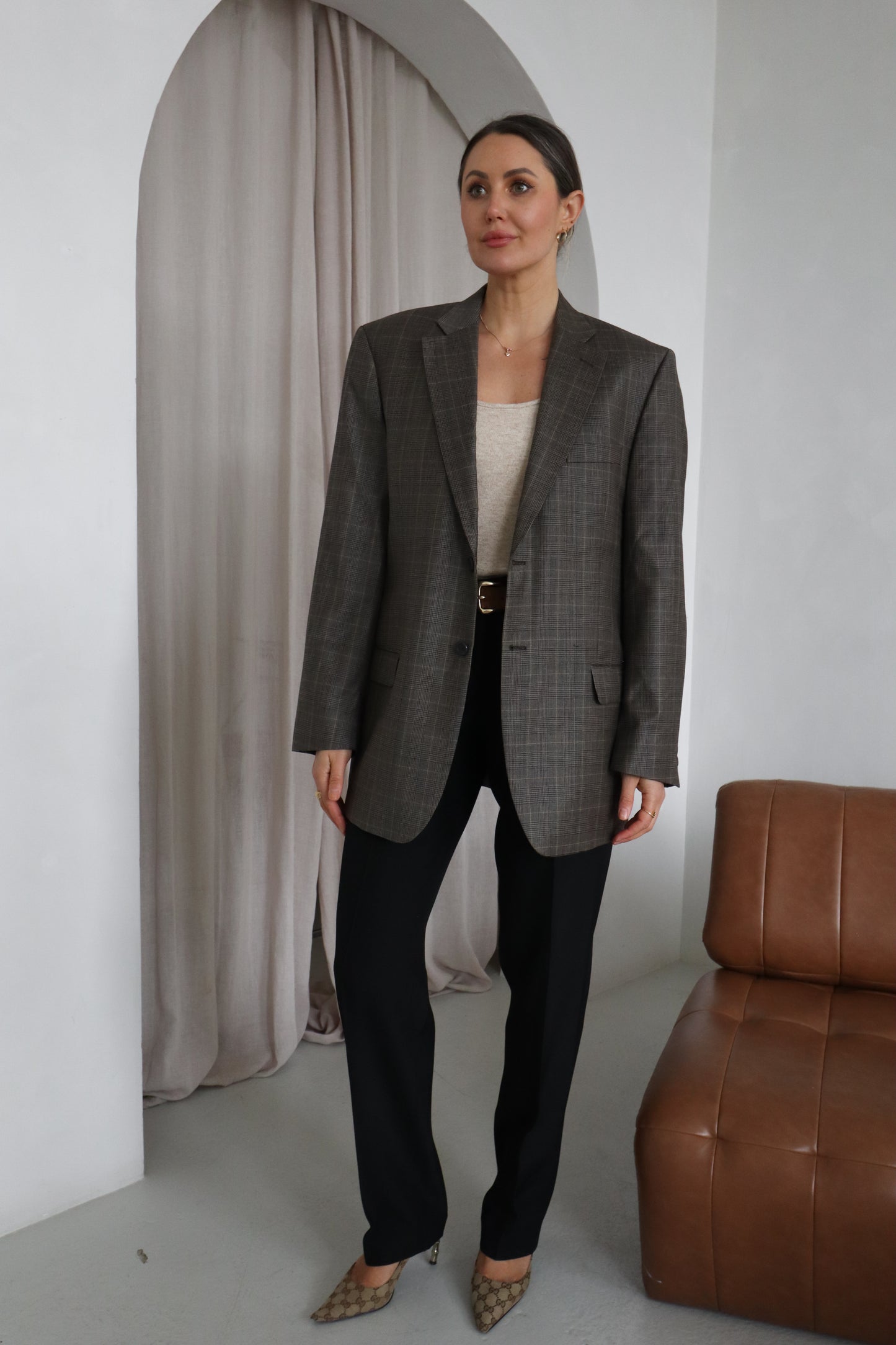 Vintage Brown Checked  Oversized Blazer