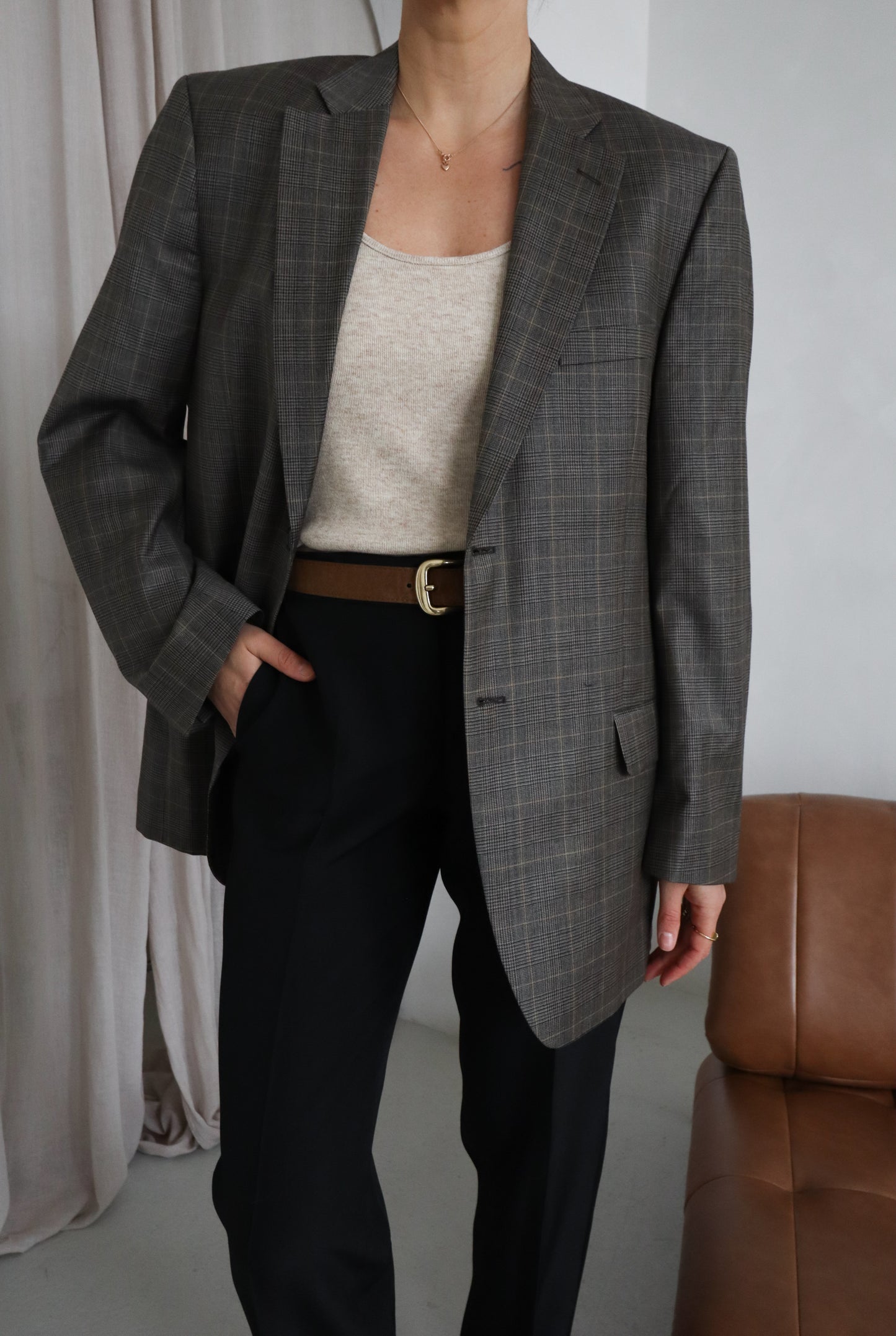 Vintage Brown Checked  Oversized Blazer