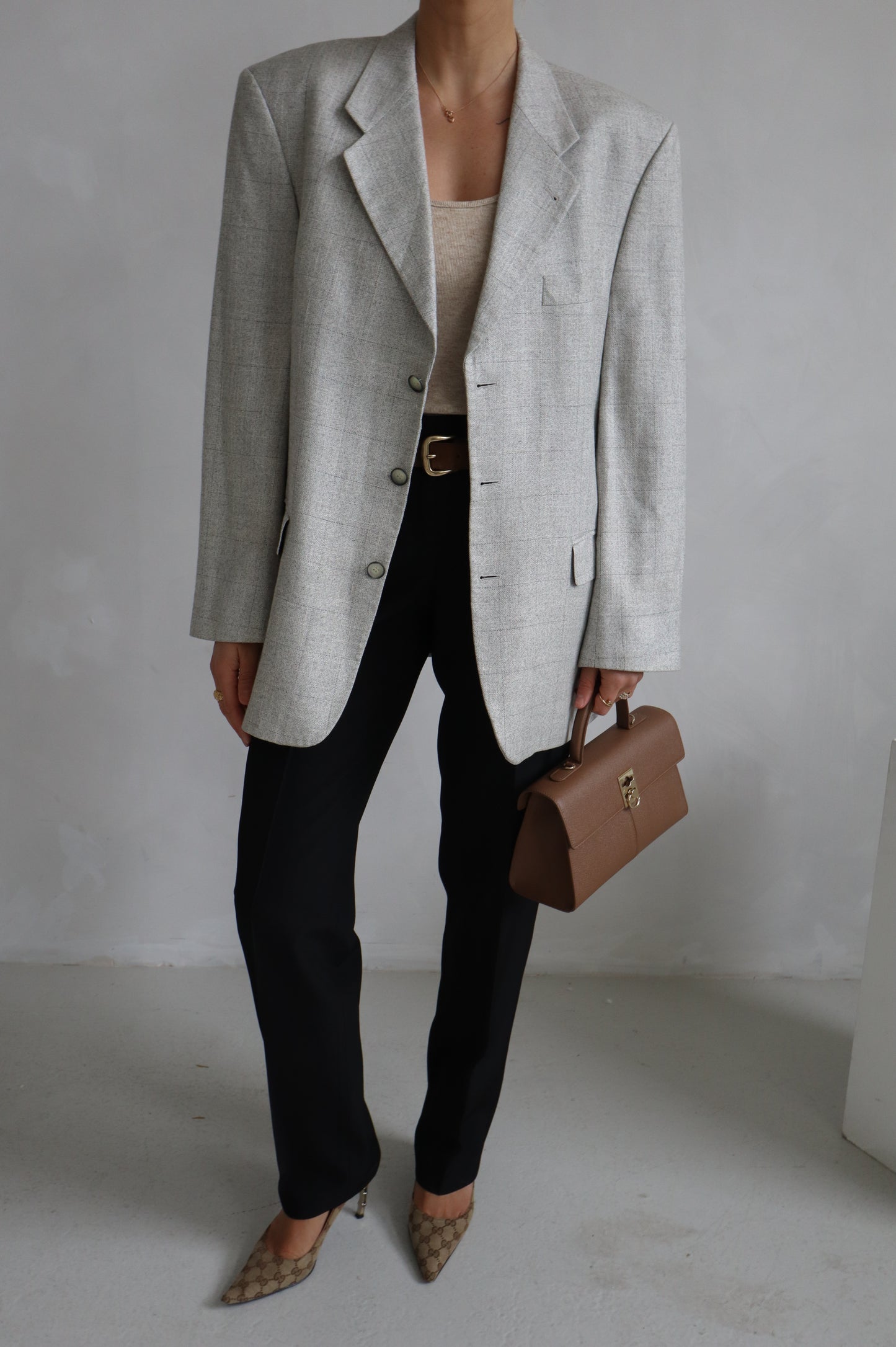 Vintage Light Grey Linen Oversized Blazer