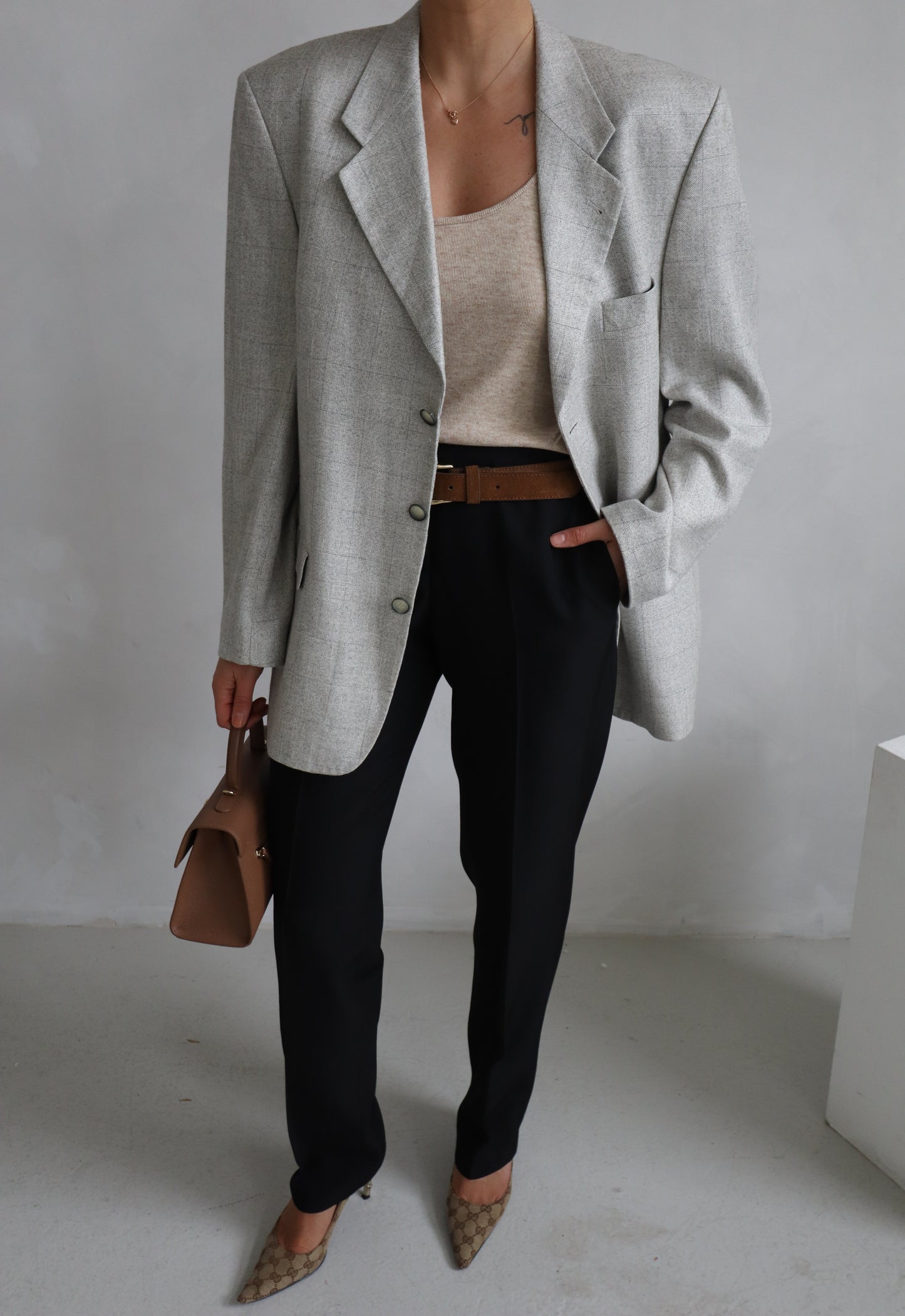 Vintage Light Grey Linen Oversized Blazer