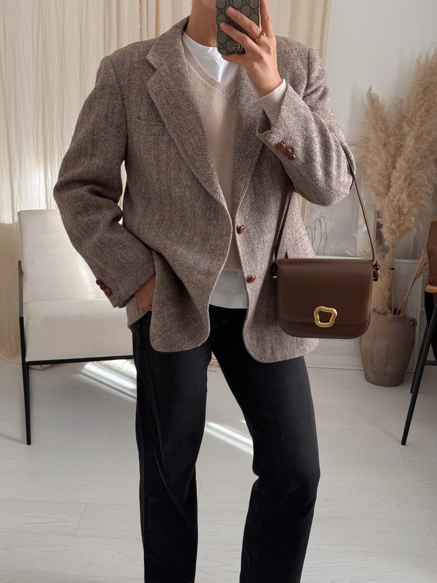 Vintage Beige Herringbone Blazer