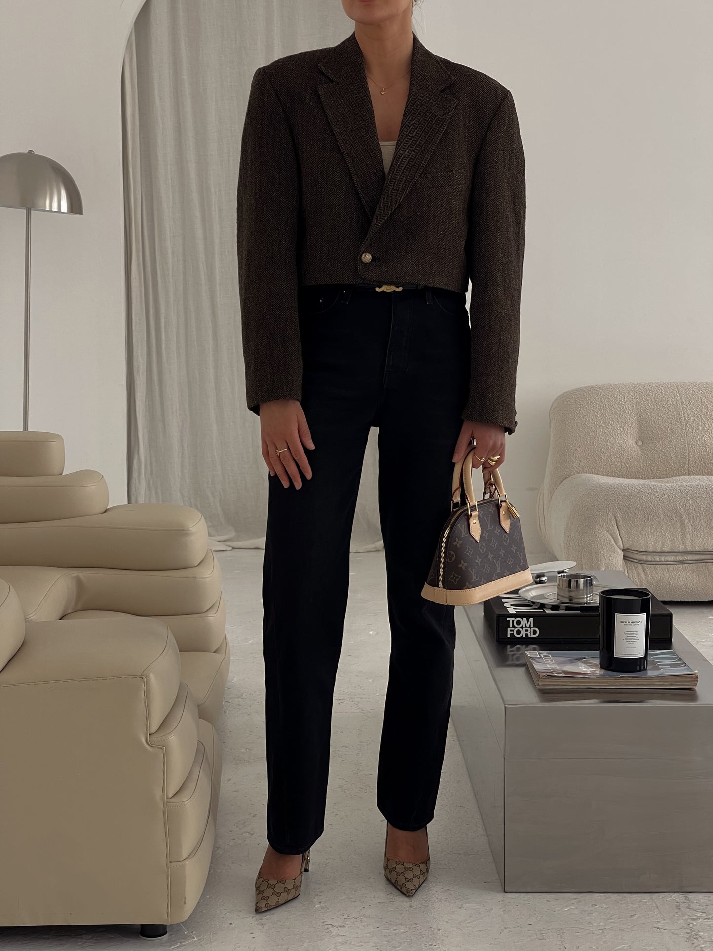 Cropped Brown Herringbone Blazer