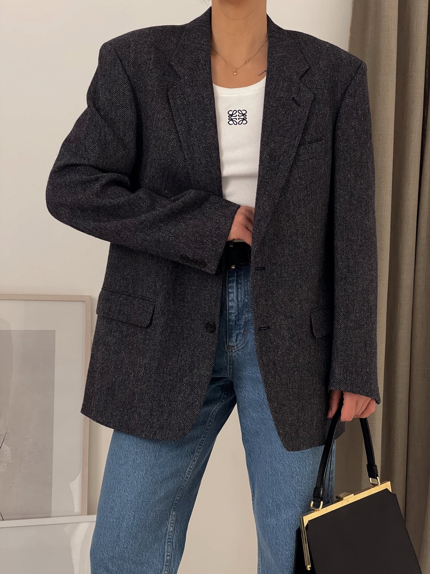 Grey Oversized Fishbone Wool Blazer