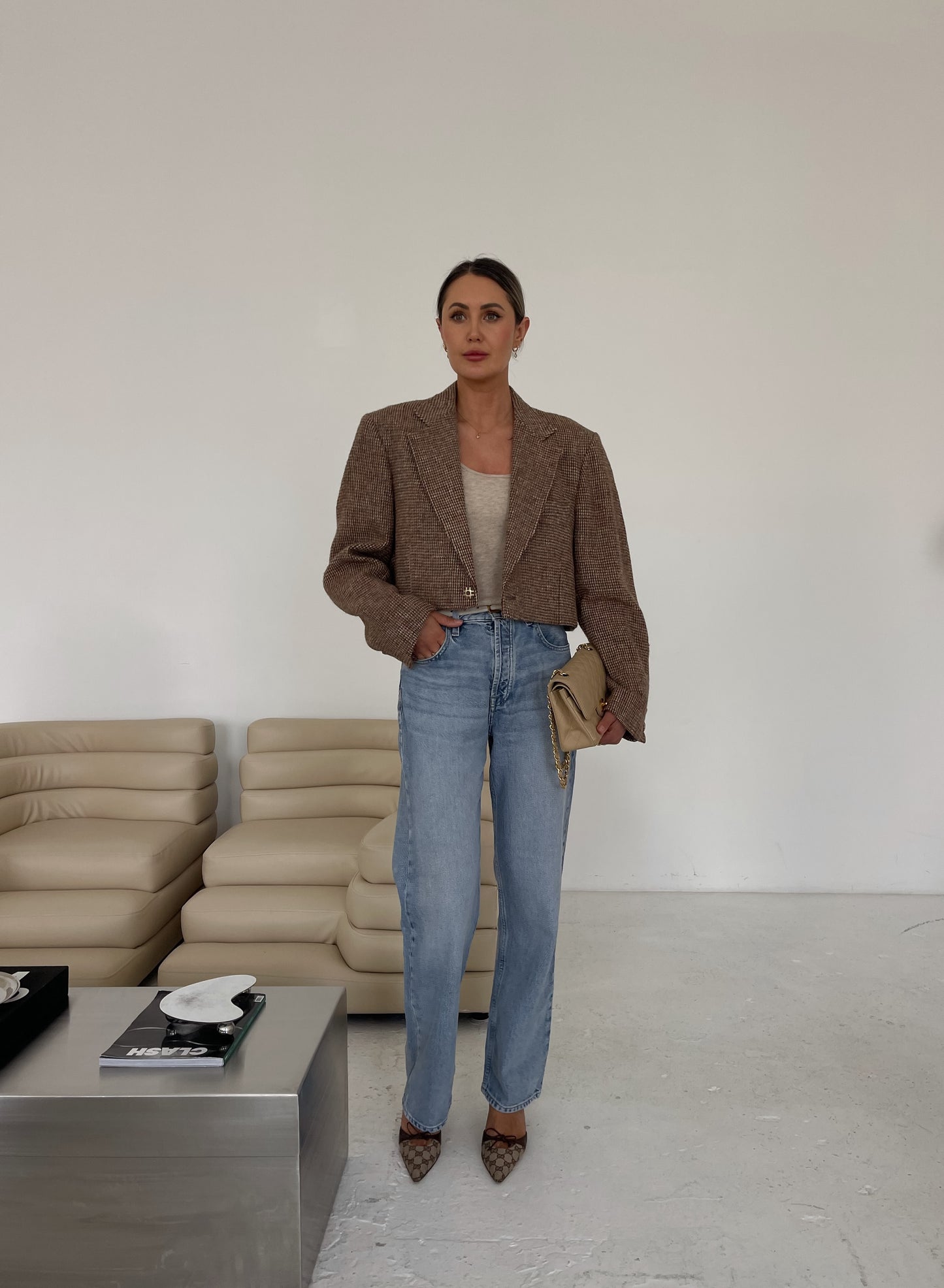 Cropped Beige Wool Blazer