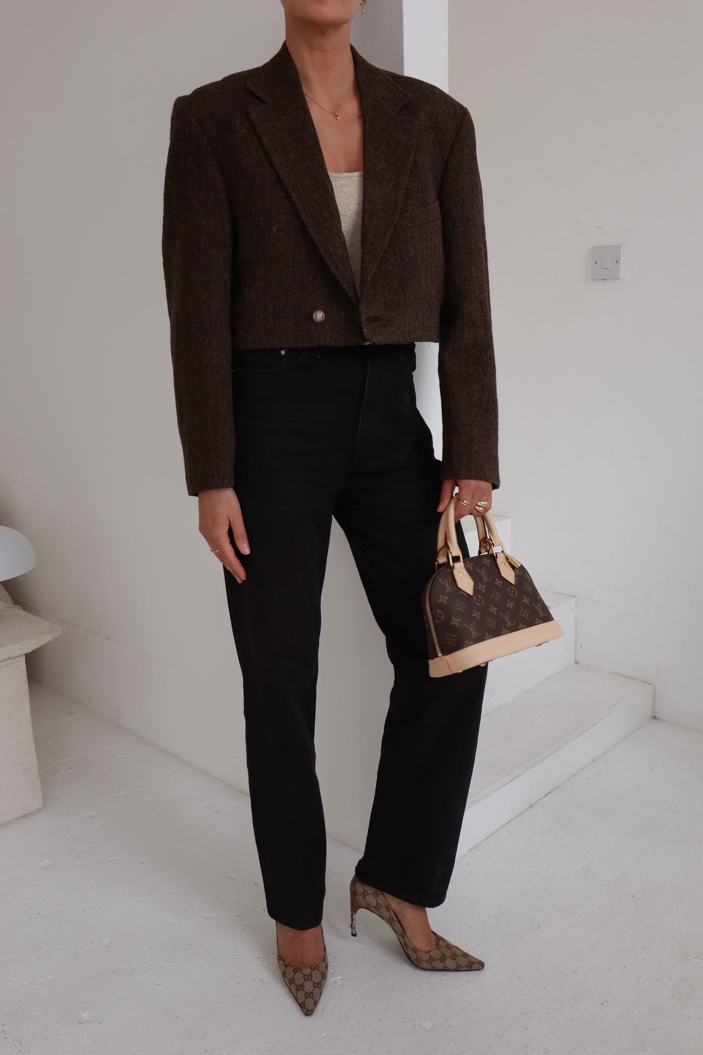 Cropped Brown Herringbone Blazer