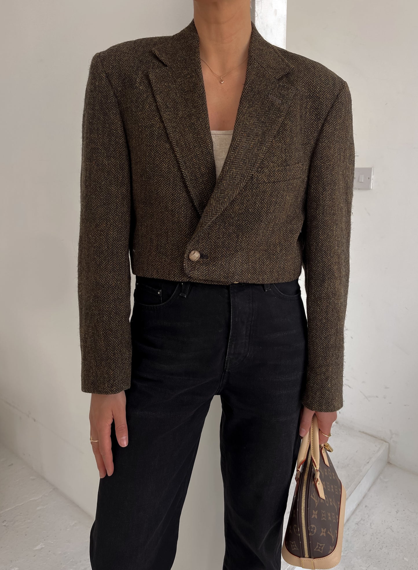 Cropped Brown Herringbone Blazer