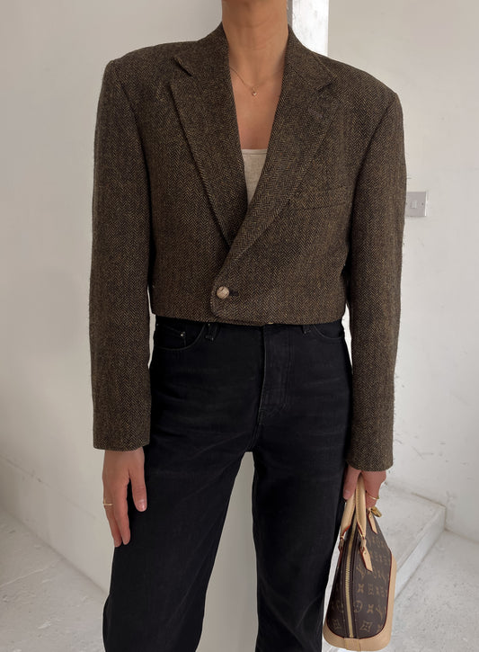 Cropped Brown Herringbone Blazer