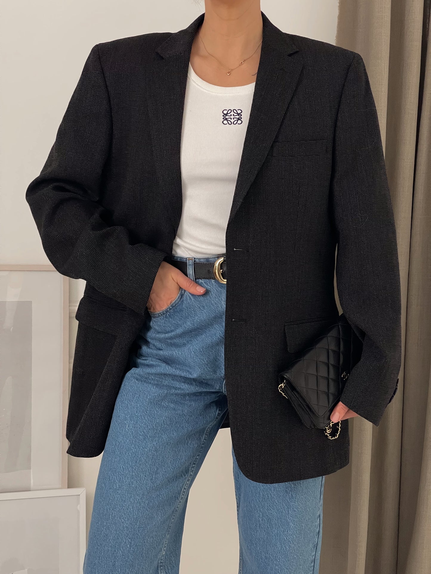 Oversized Dark Grey Patterned Blazer