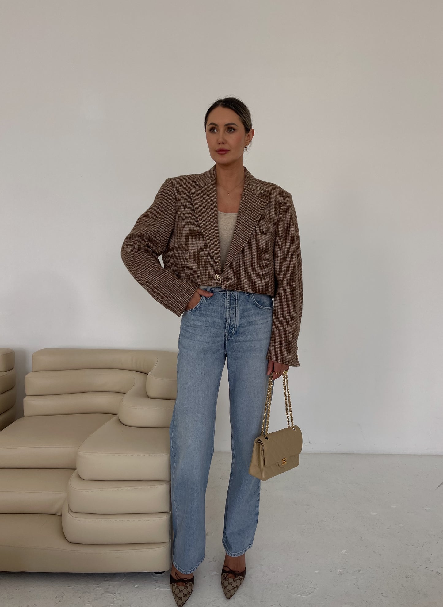 Cropped Beige Wool Blazer