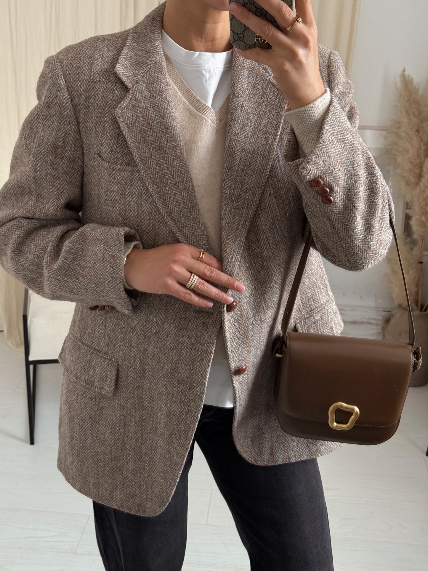 Vintage Beige Herringbone Blazer