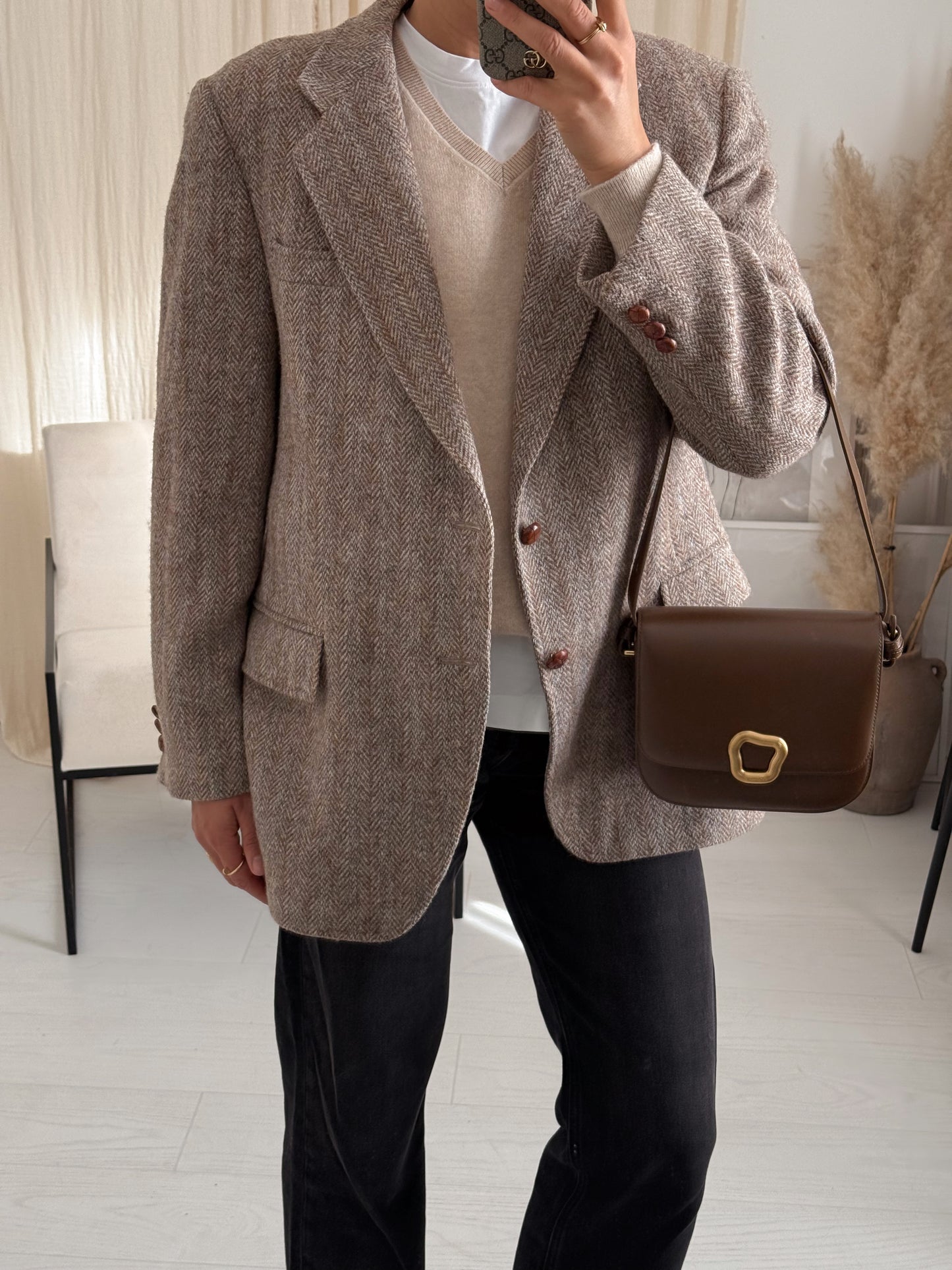 Vintage Beige Herringbone Blazer