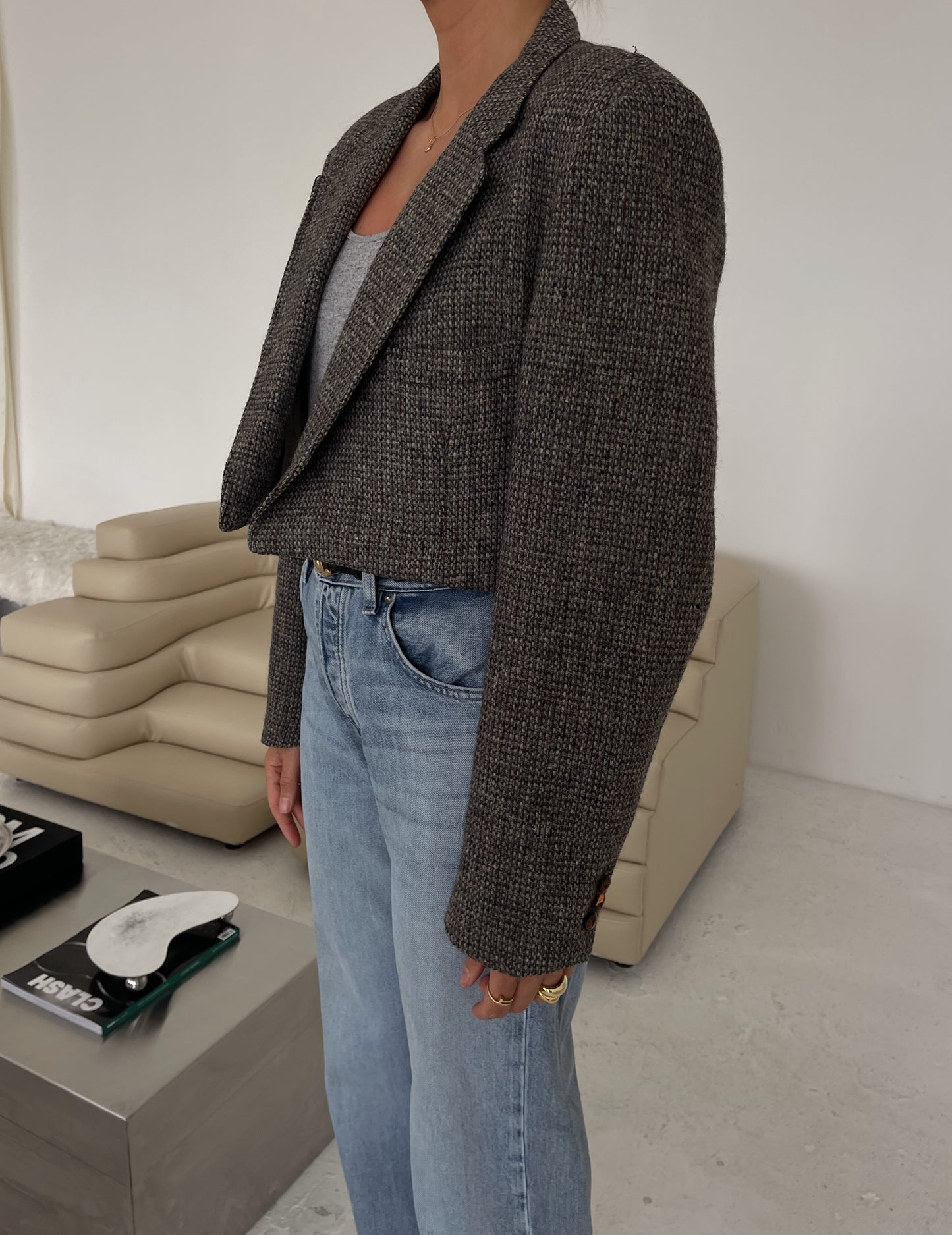 Cropped Slate-Grey Asymmetric Blazer