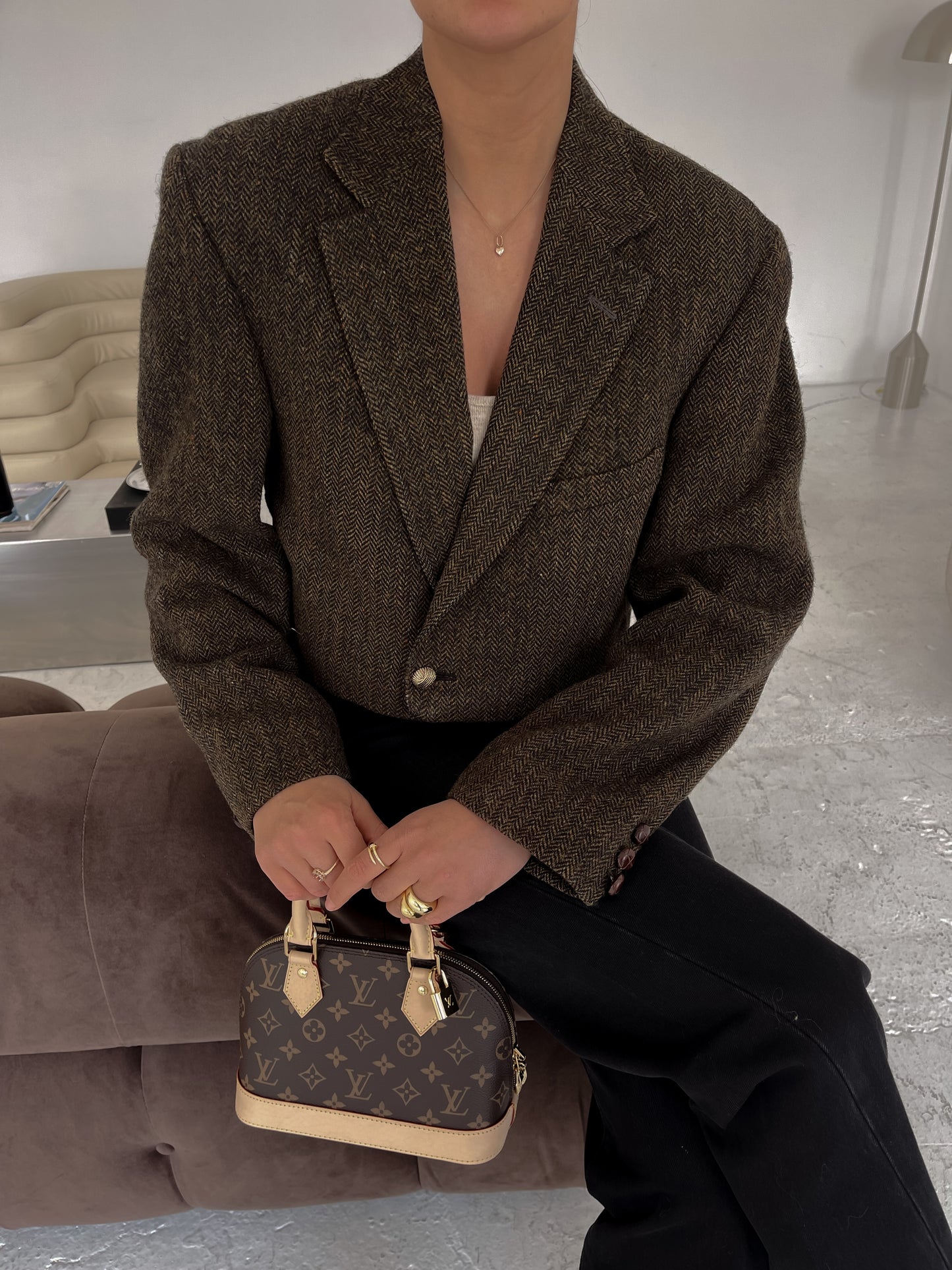 Cropped Brown Herringbone Blazer
