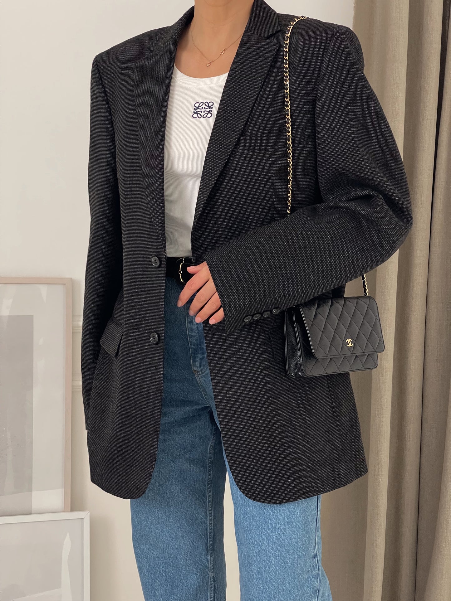 Oversized Dark Grey Patterned Blazer