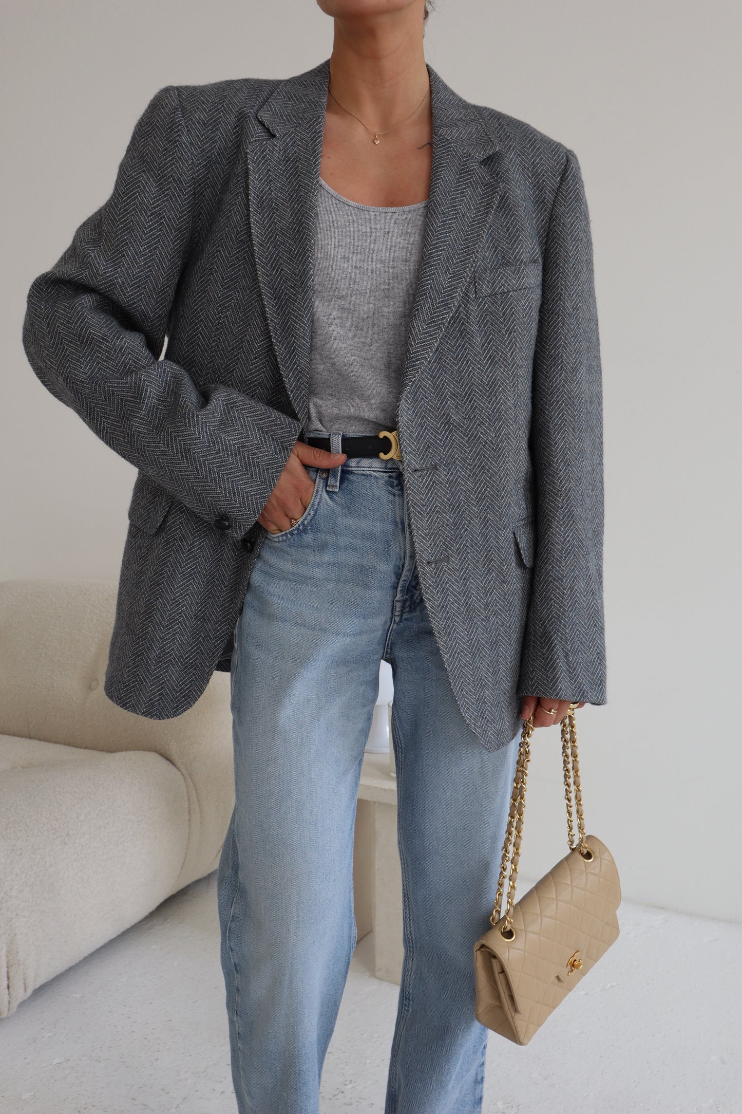 Oversized Slate Blue-Grey Herringbone Blazer