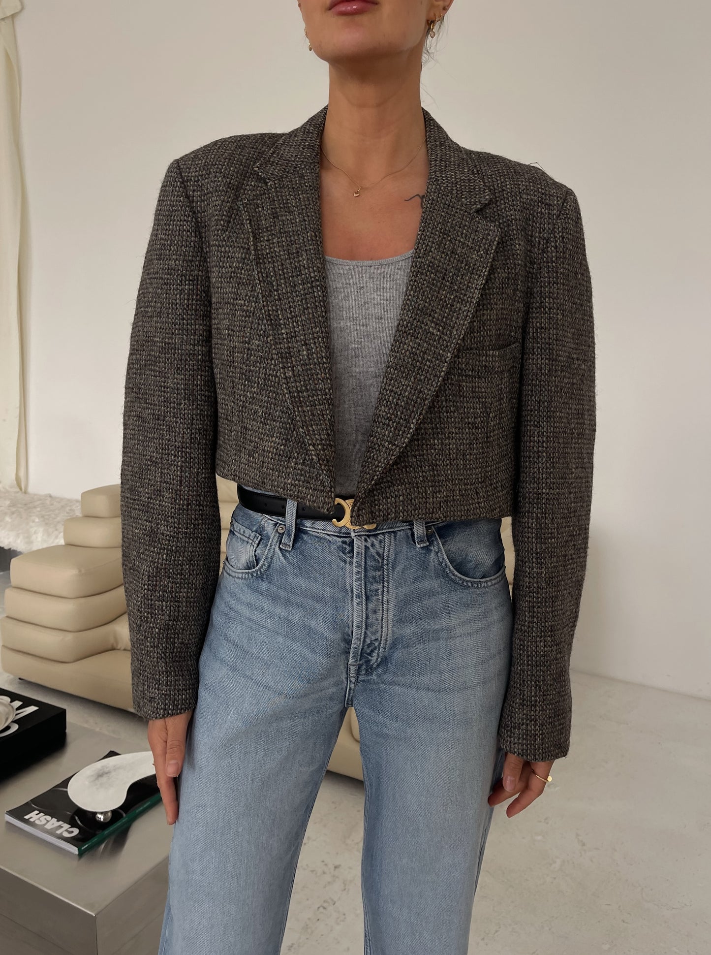 Cropped Slate-Grey Asymmetric Blazer